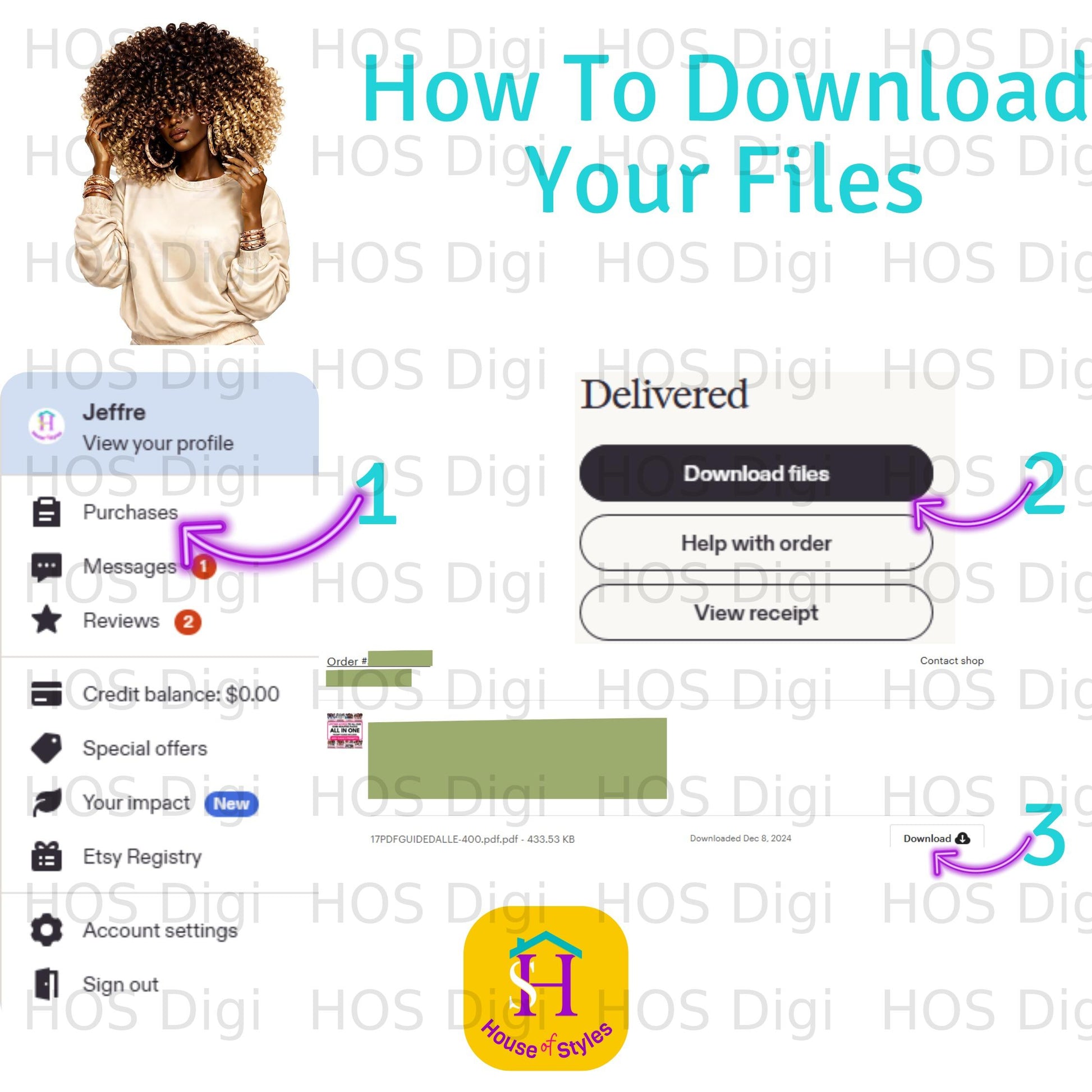 Screenshot of HOS Digi download page showing file download and account options.
