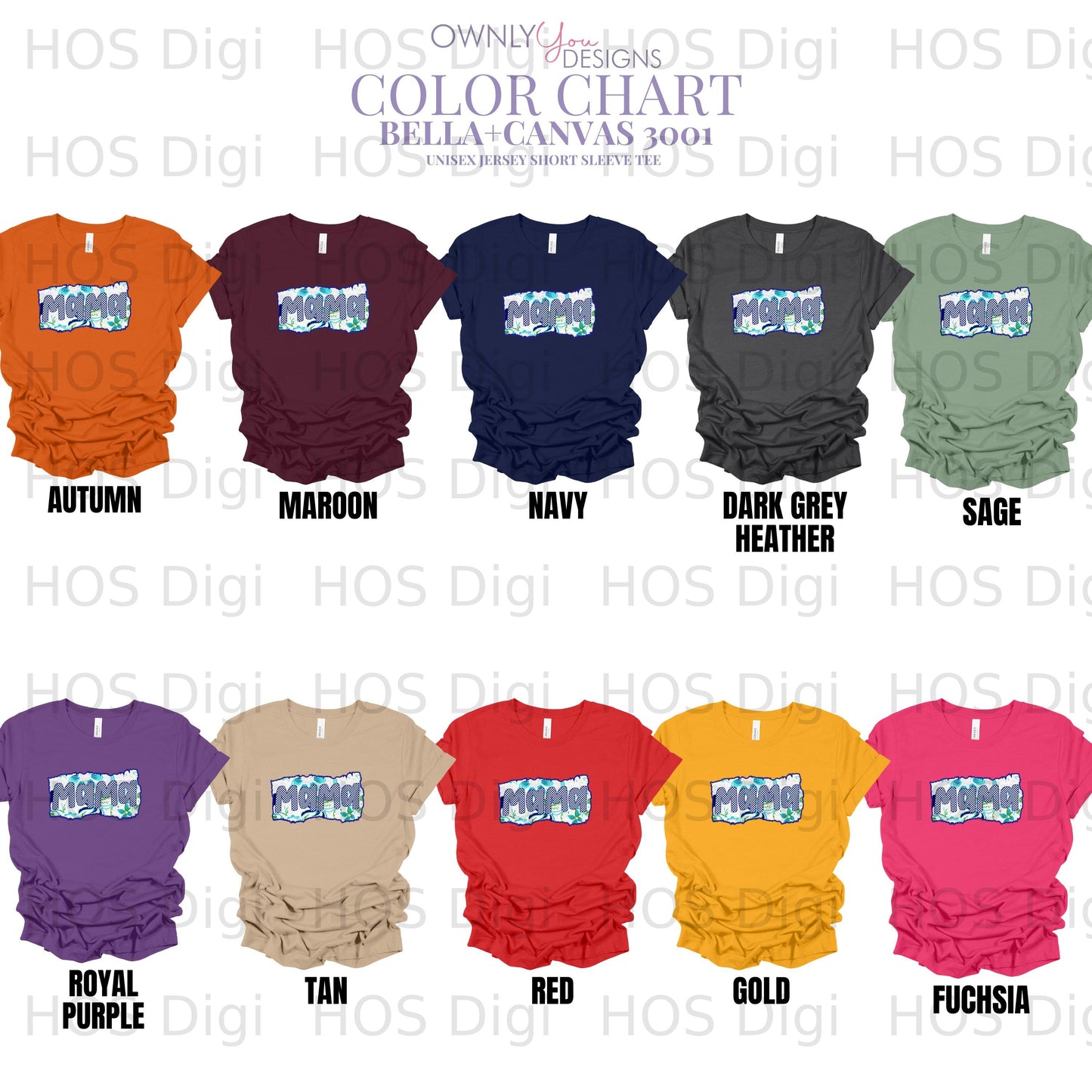 Bella+Canvas 3001 color chart with fabric swatches and "Mama" graphic.