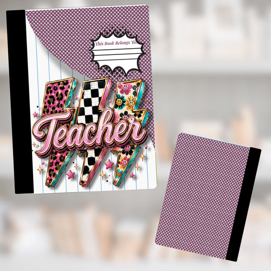 Notebook cover with "Teacher" in pink bubbly font over lightning bolts.