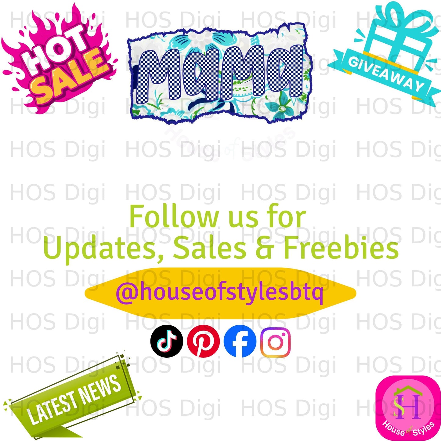 "Mama" text with "Hot Sale" and "Giveaway" graphics, social media icons, and "Latest News".