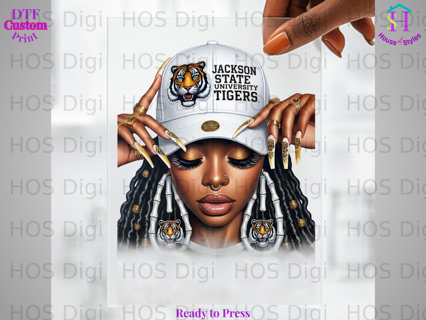 Jackson State Tigers baseball cap with detailed woman's portrait, "Ready to Press" text.