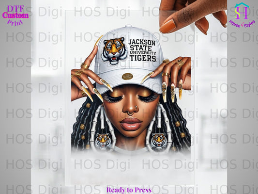 Jackson State Tigers baseball cap with detailed woman's portrait, "Ready to Press" text.