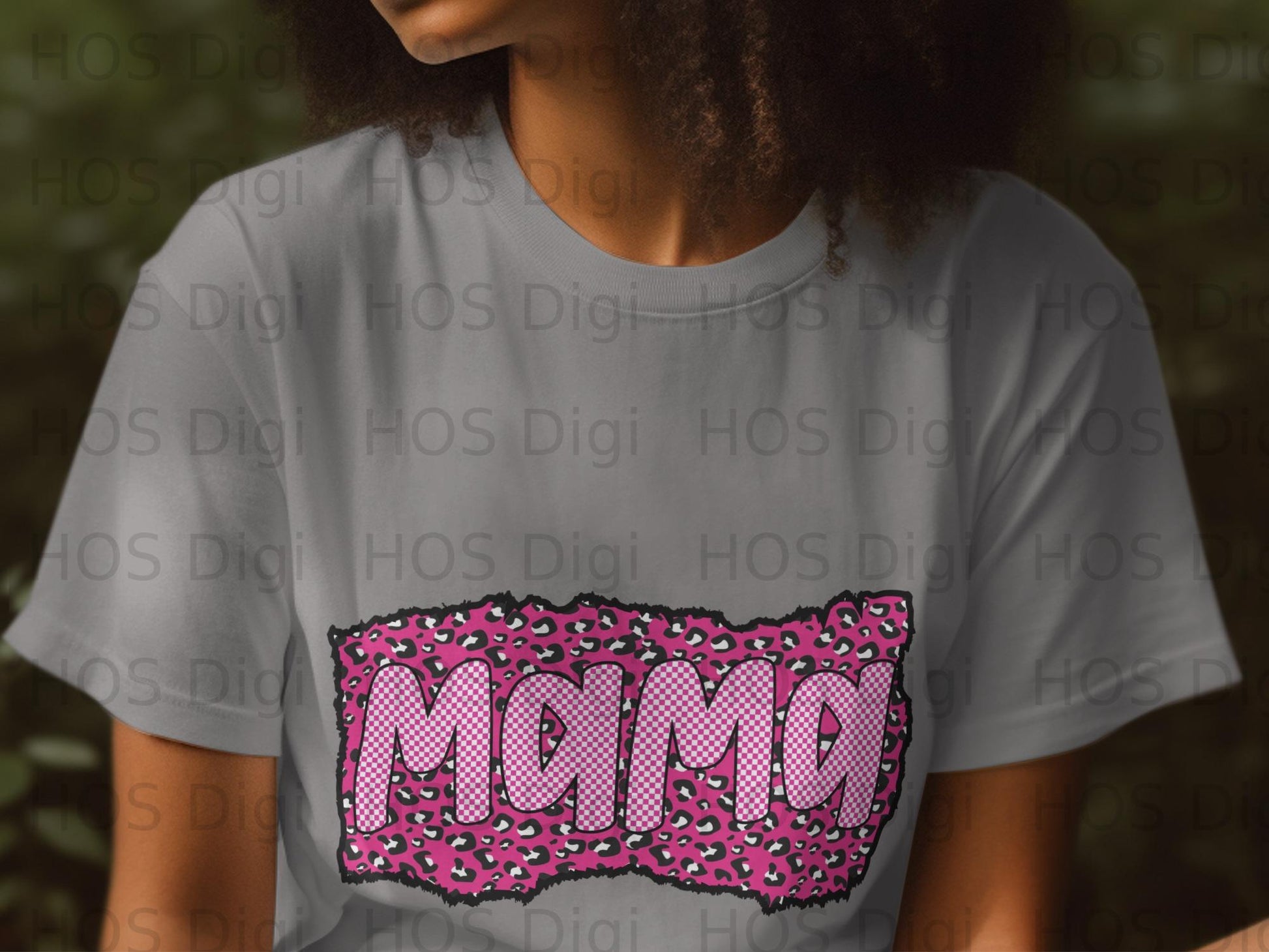 Pink leopard print "Mama" text in a distressed banner with a checkered fill.