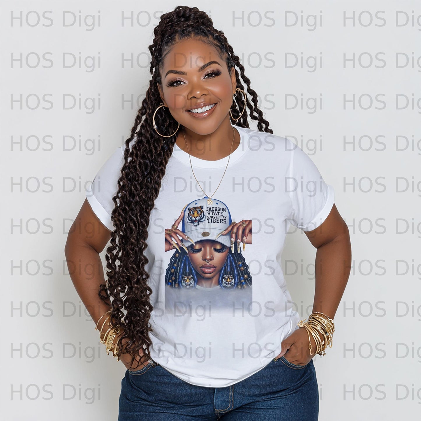 Woman wearing a white t-shirt with Jackson State Tigers graphic.