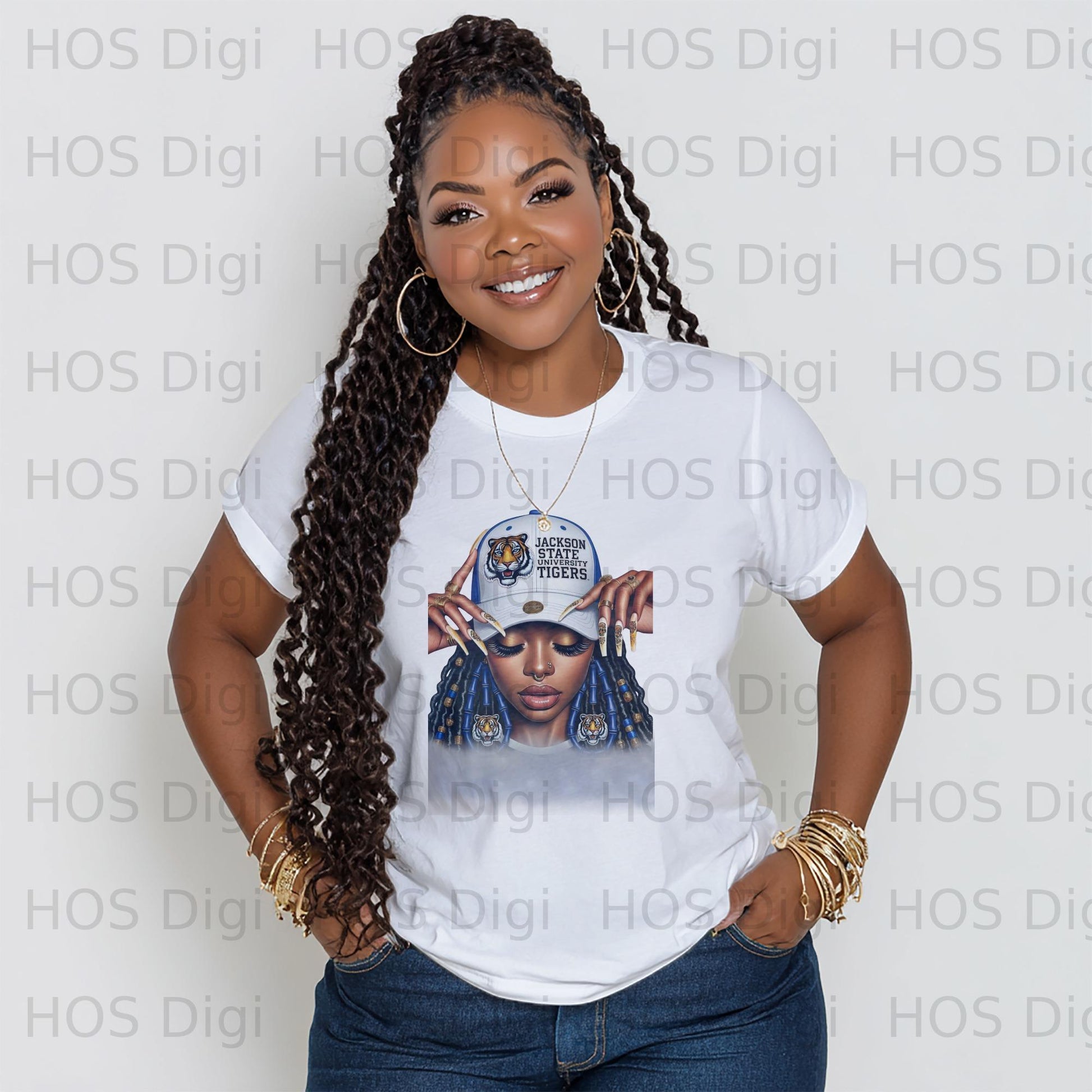 Woman wearing a white t-shirt with Jackson State Tigers graphic.