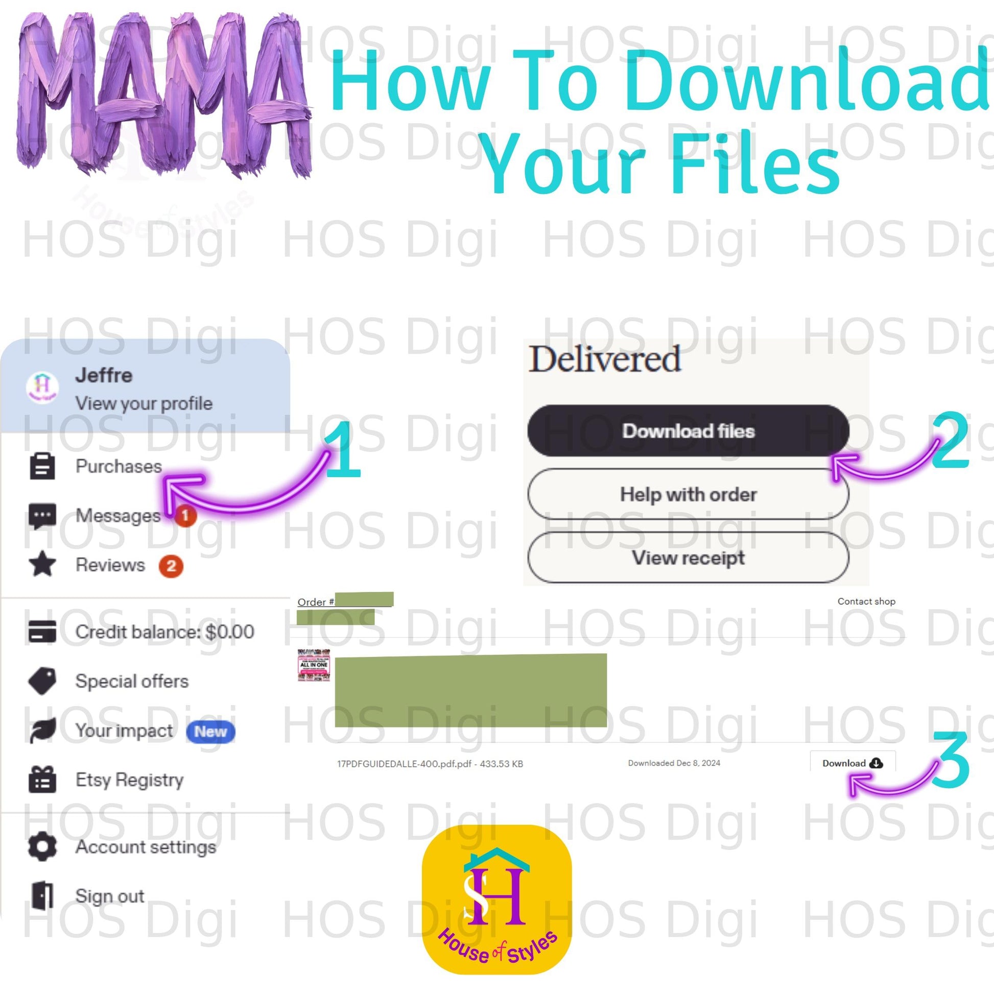 Screenshot of Etsy download page with "Download files" and "View receipt" buttons.