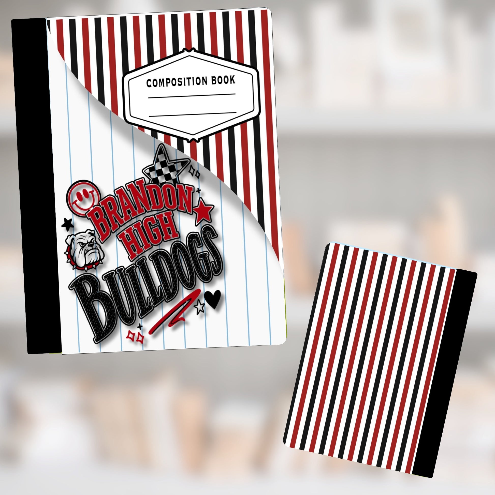 Composition book with "Brandon High Bulldogs" and bulldog mascot graphics.