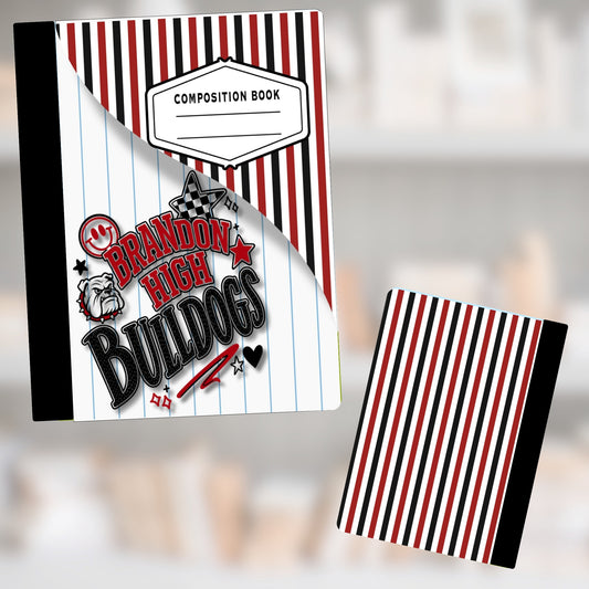 Composition book with "Brandon High Bulldogs" and bulldog mascot graphics.