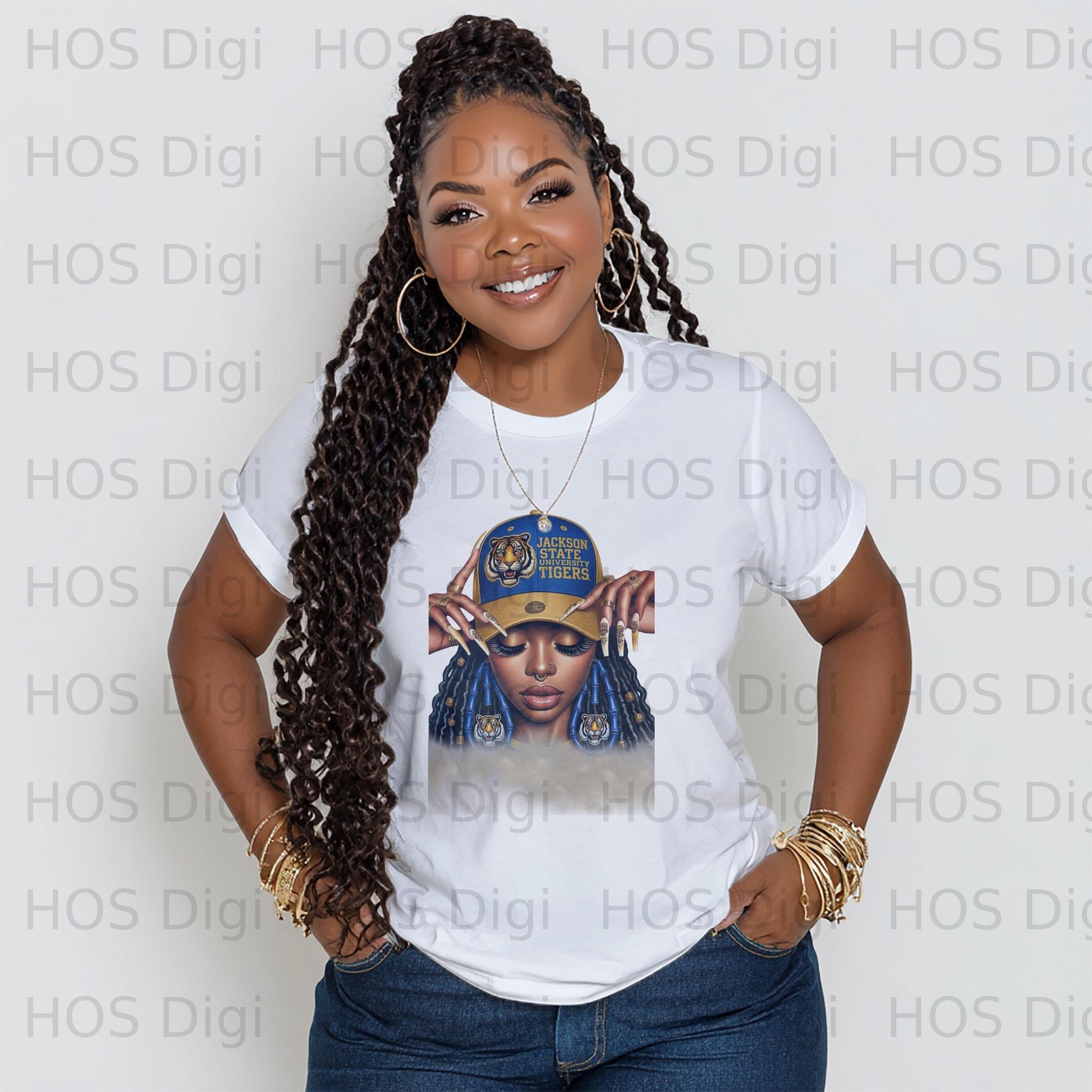 Woman wearing Jackson State University Tigers t-shirt.