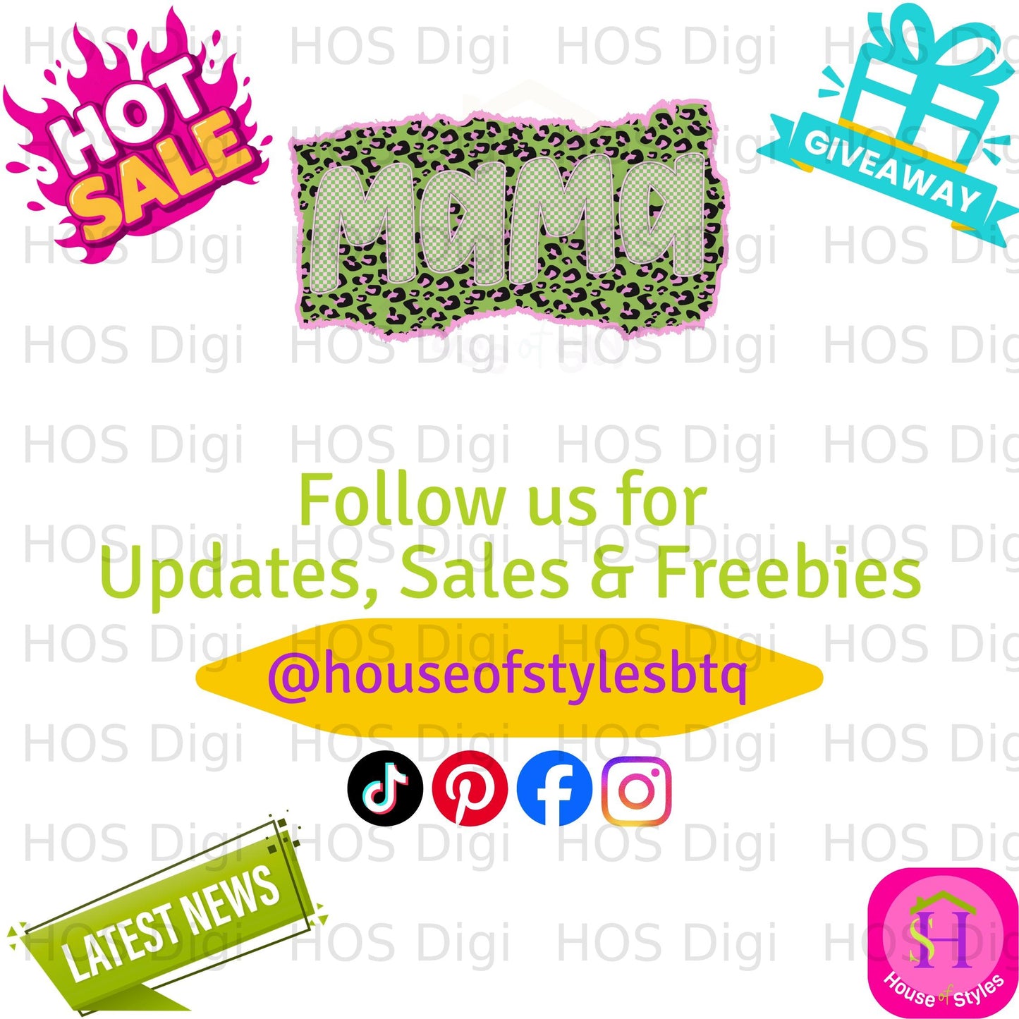 "Mama" text with lime green leopard print, social media icons, and "Latest News" banner.