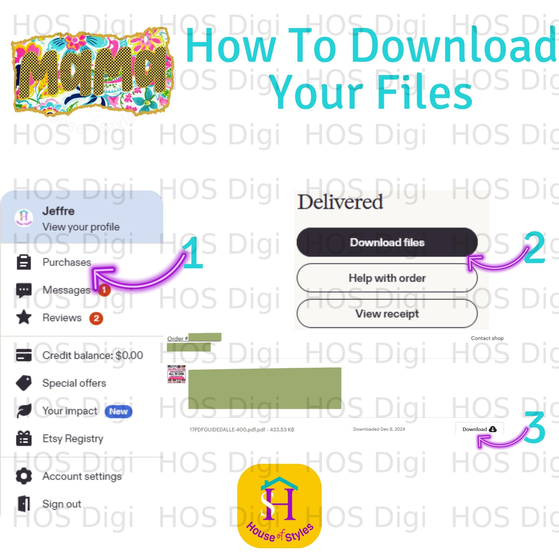 Etsy download page showing how to download purchased files.