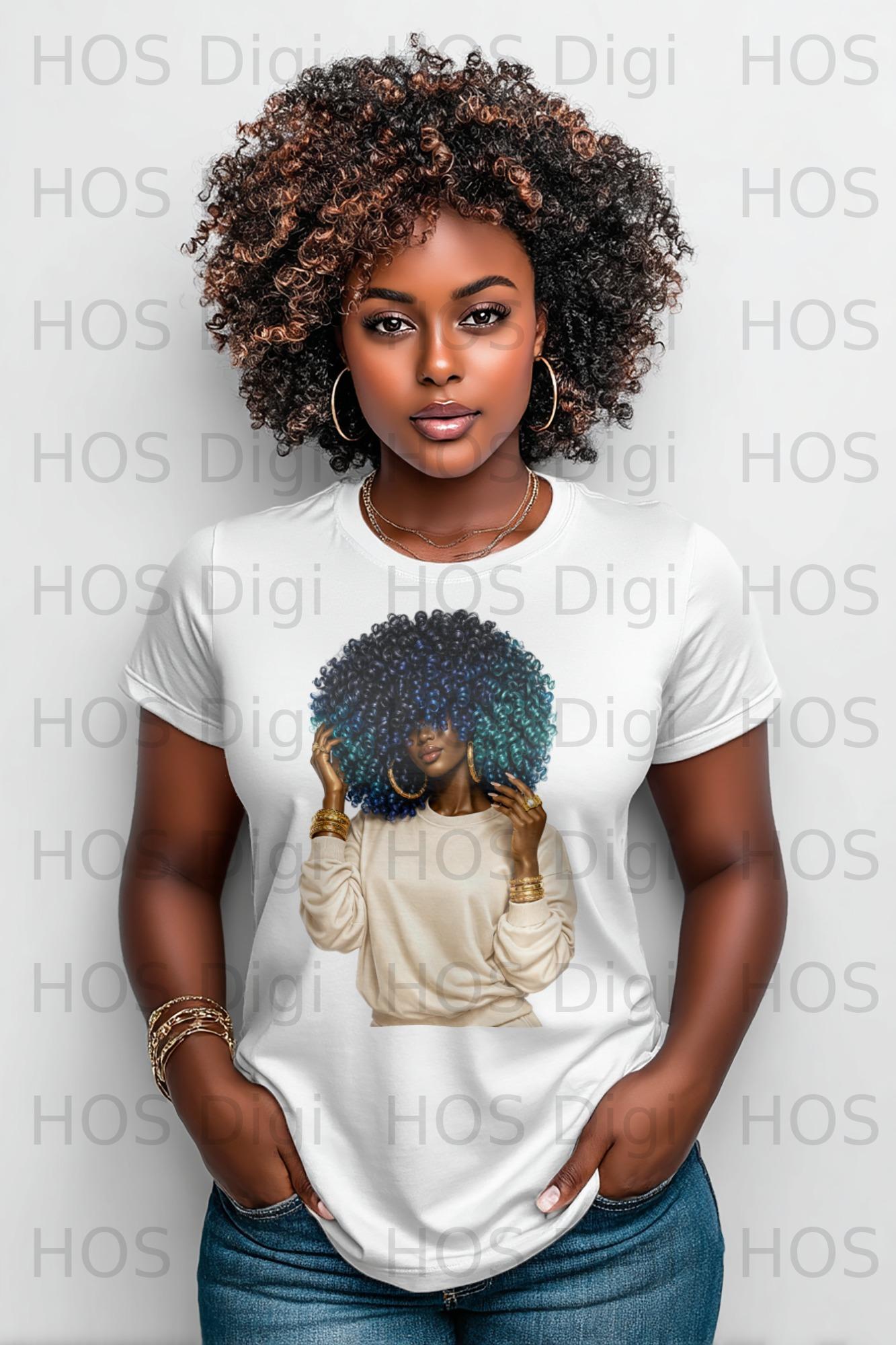 Woman with curly hair wearing a light-colored crewneck t-shirt.