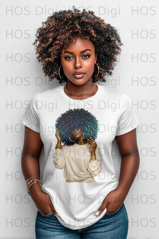 Woman with curly hair wearing a light-colored crewneck t-shirt.