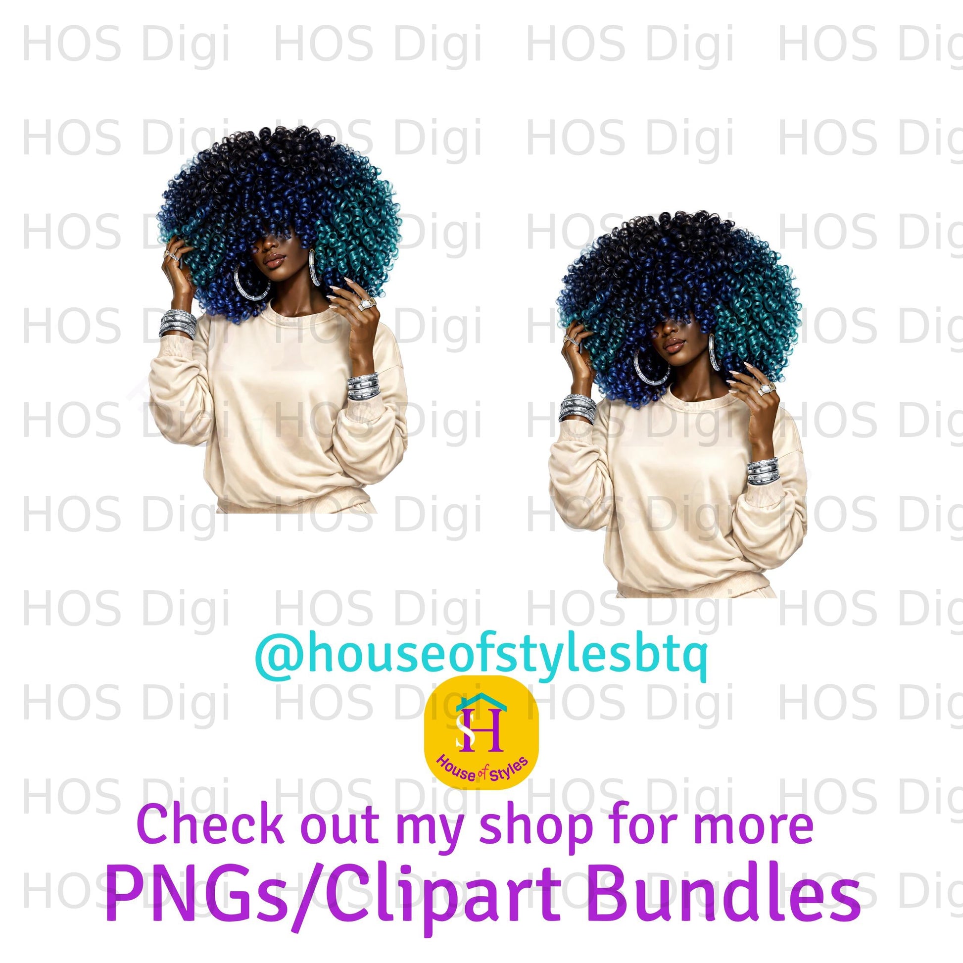 Two women with large, colorful afro hairstyles, wearing beige tops.