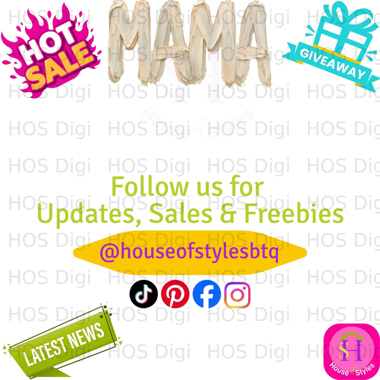 "Hot Sale" and "Giveaway" text with social media icons and "Follow us for Updates, Sales & Freebies."