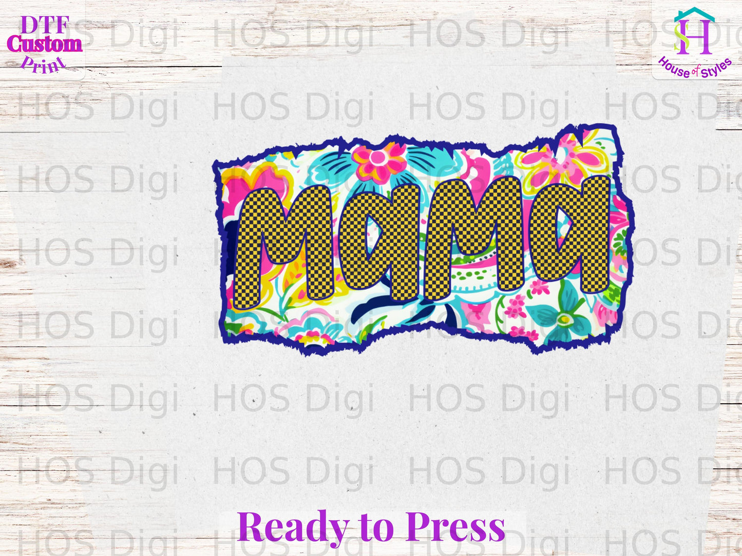 Mama text design with floral pattern, ready to press.