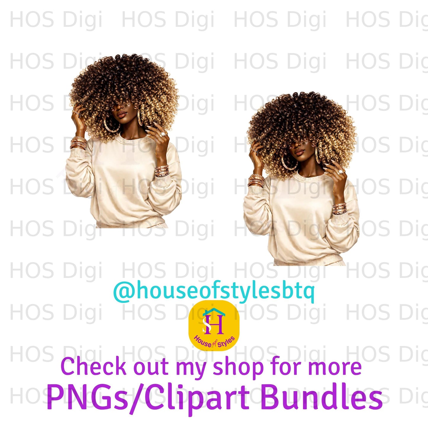 Two women with curly hair wearing ivory tops, logo and text overlay.