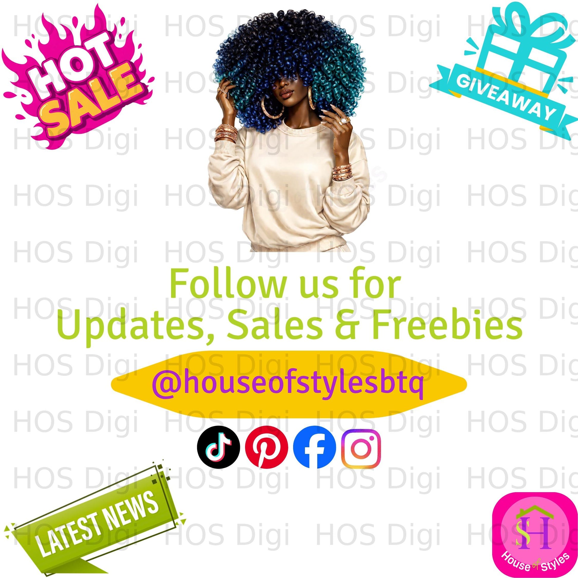 Woman with blue curly hair wearing jewelry, with text "Follow us for Updates, Sales & Freebies @houseofstylesbtq".