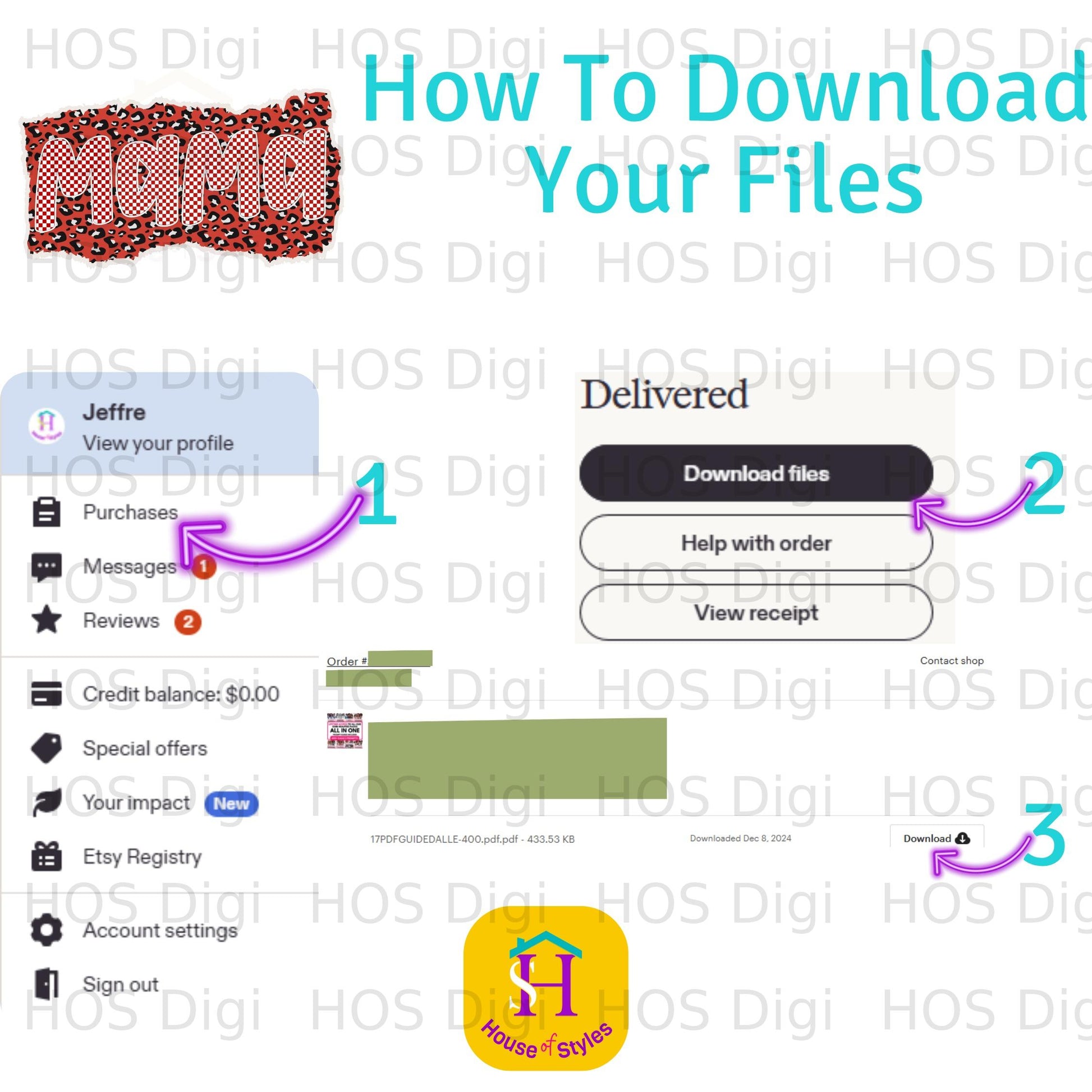 Etsy purchase page showing download instructions for digital files.