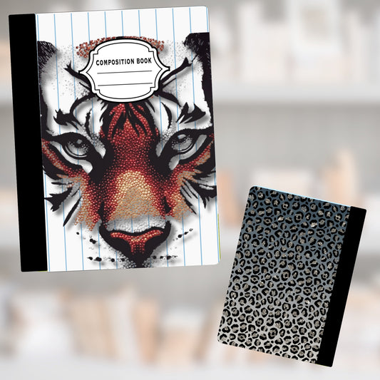 Composition book with tiger face and separate leopard print notebook.