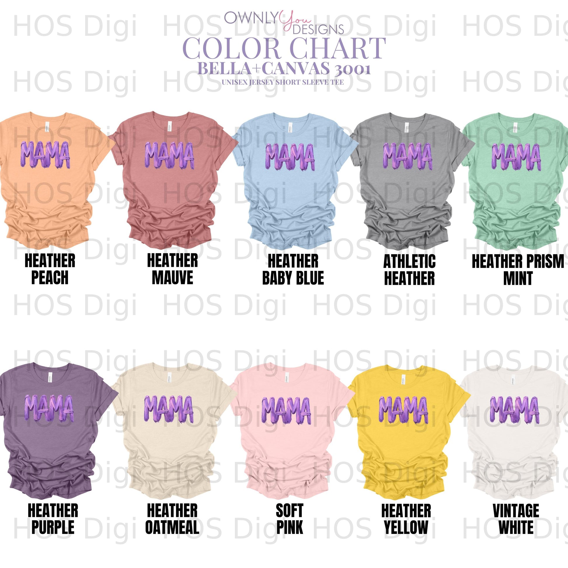 Bella+Canvas 3001 color chart with MAMA graphic in various heathered shades.