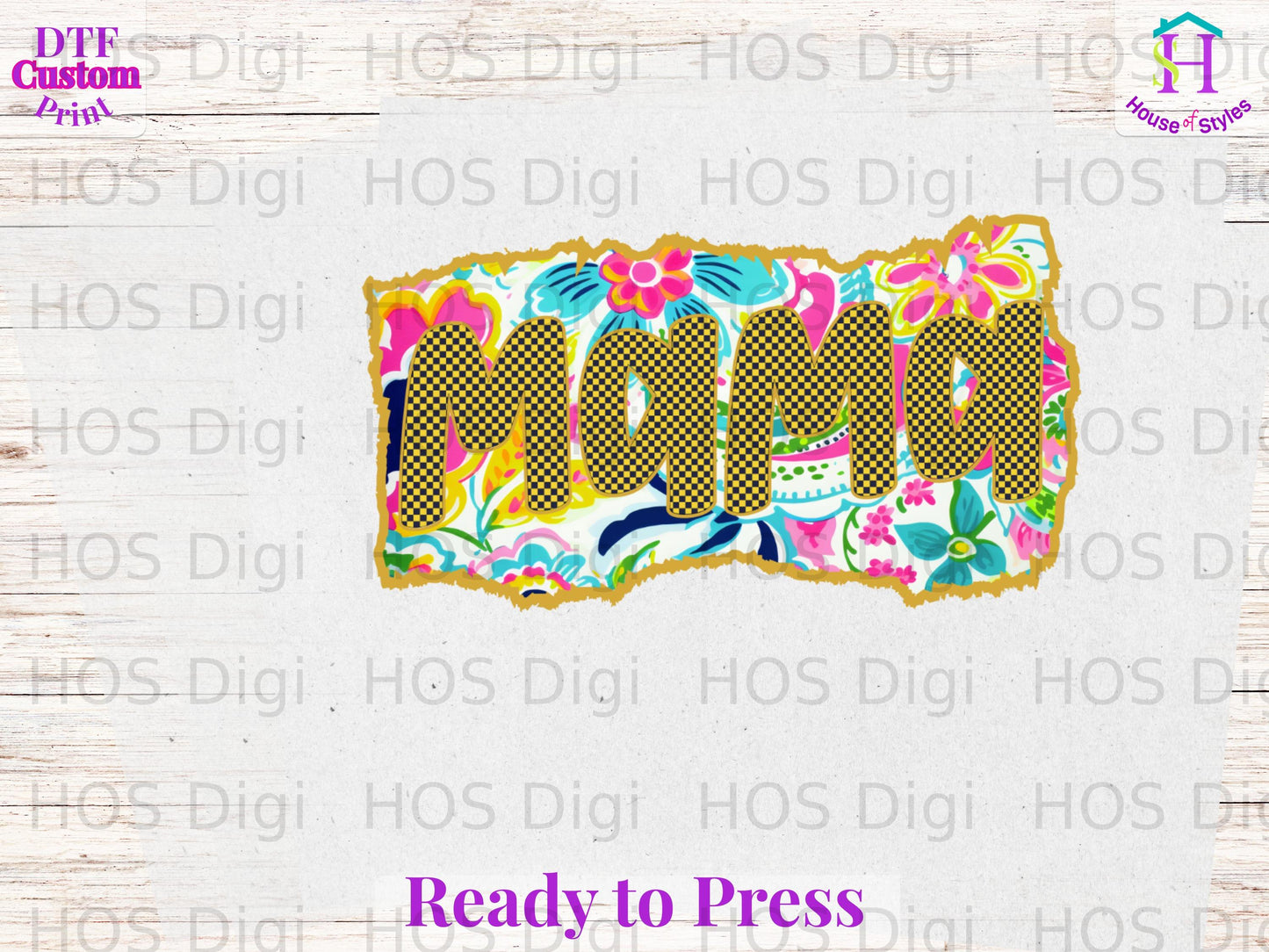 Mama design with floral and checkered pattern, ready to press.