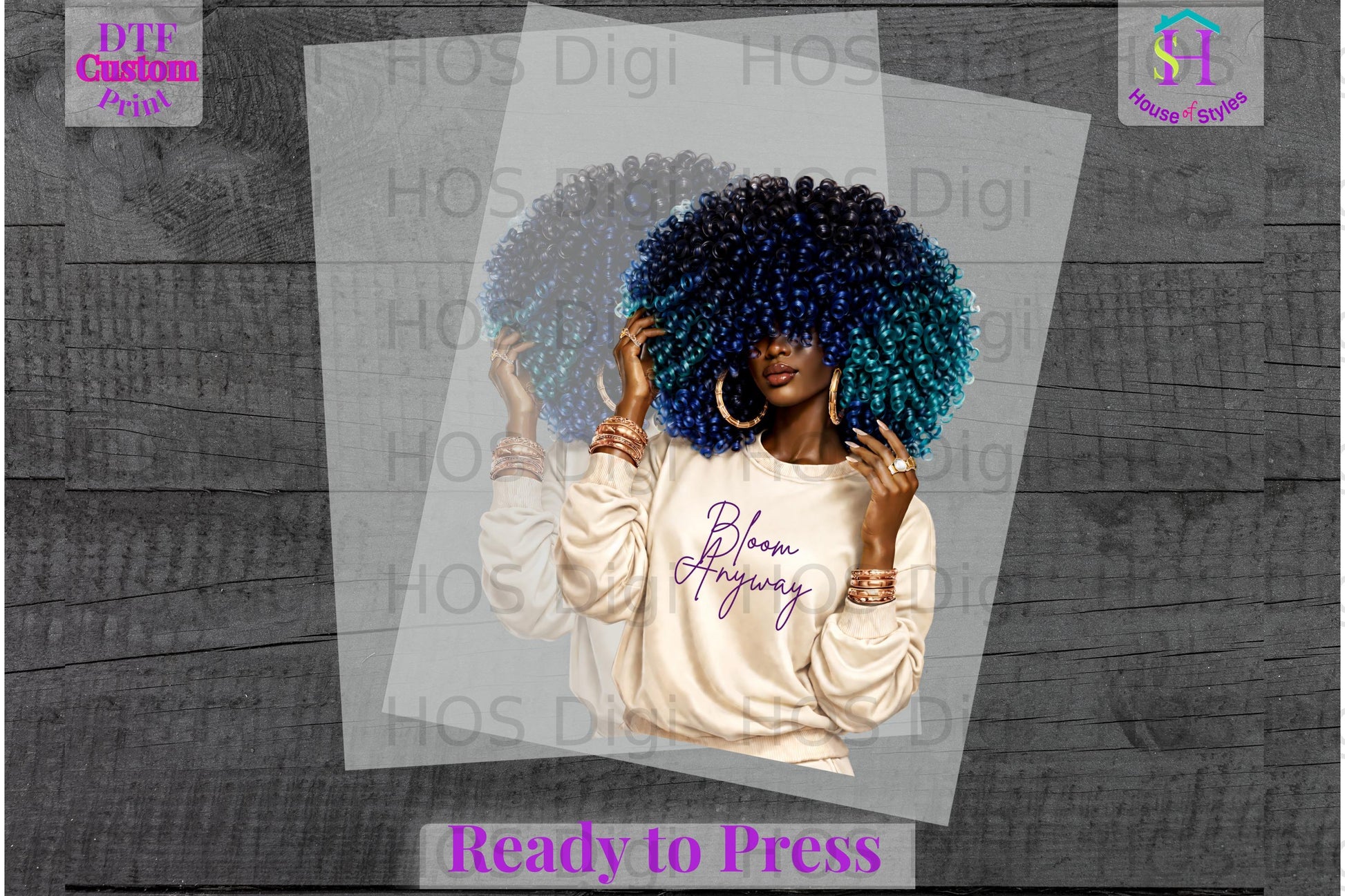 Woman with colorful afro wearing sweatshirt with "Bloom Anyway" text.