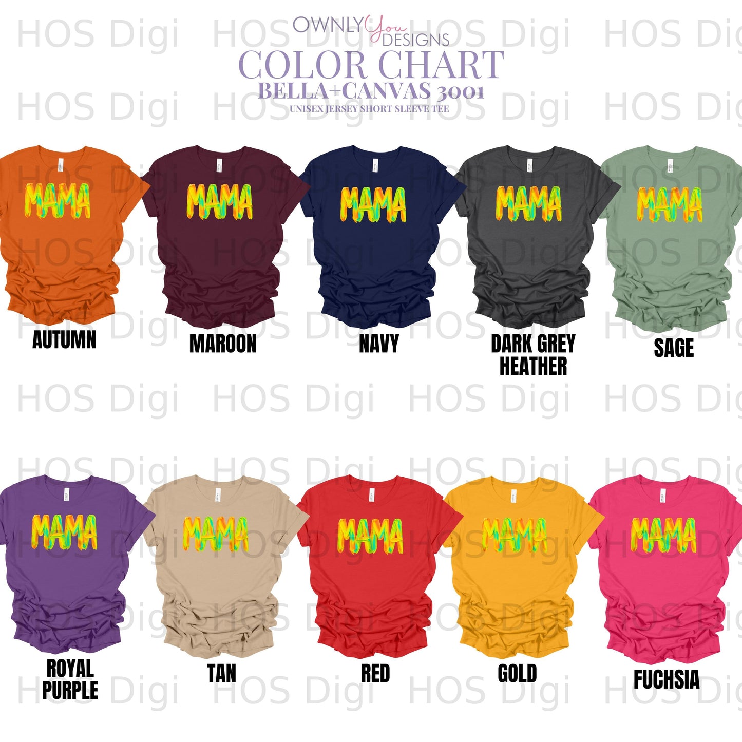 Bella+Canvas 3001 "Mama" t-shirt color chart.