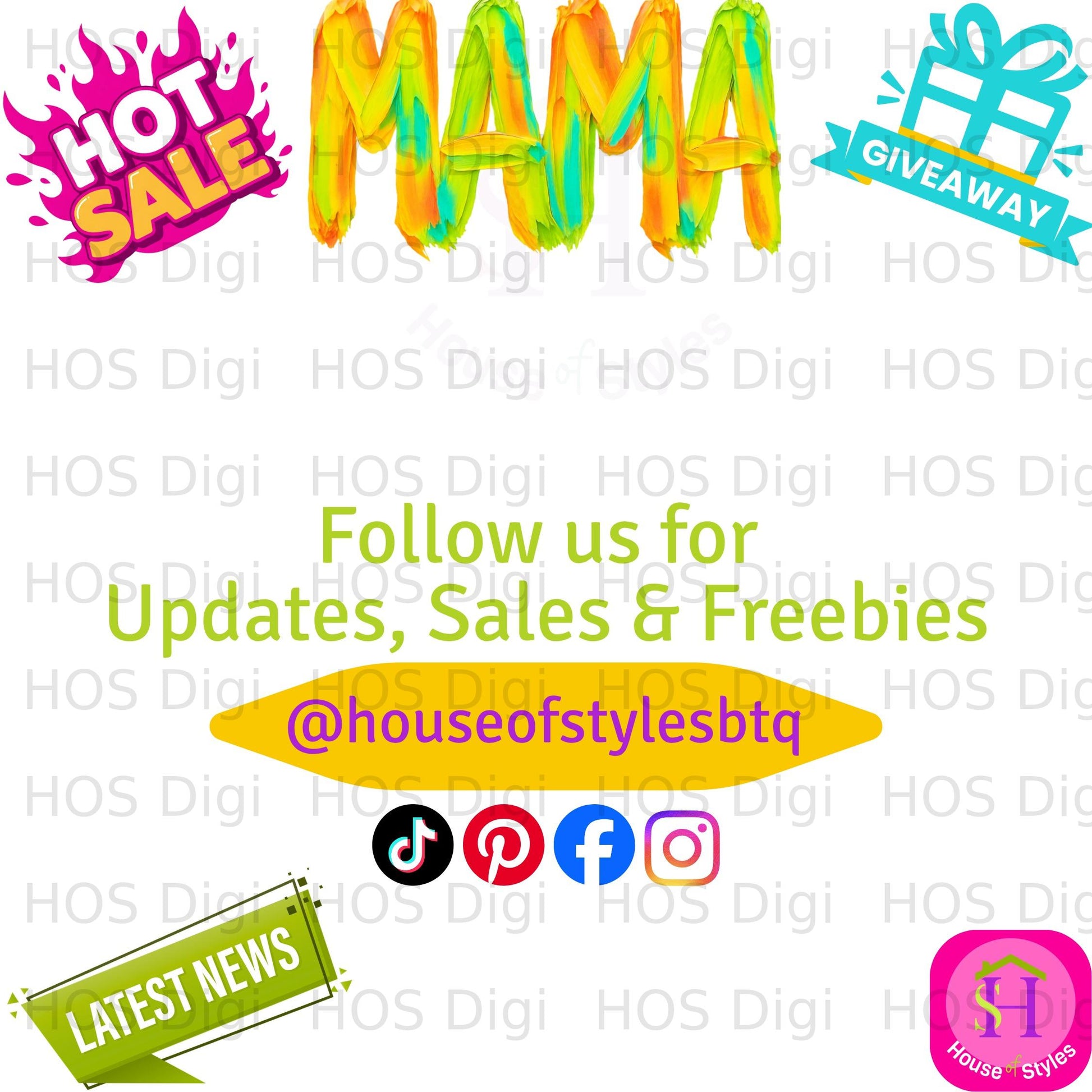 "Mama" text with "Hot Sale" and "Giveaway" graphics, social media icons, and "Latest News".