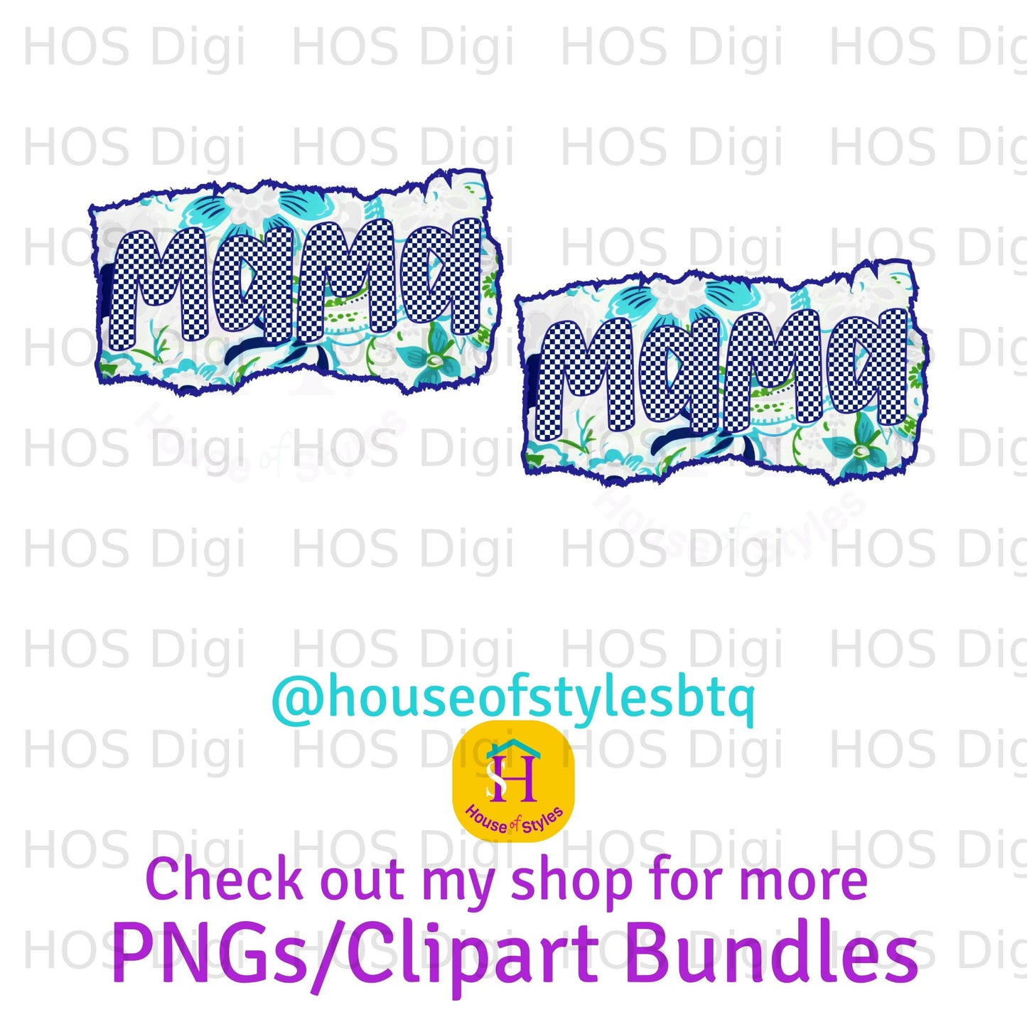 "Mama" text design with floral pattern and house icon.