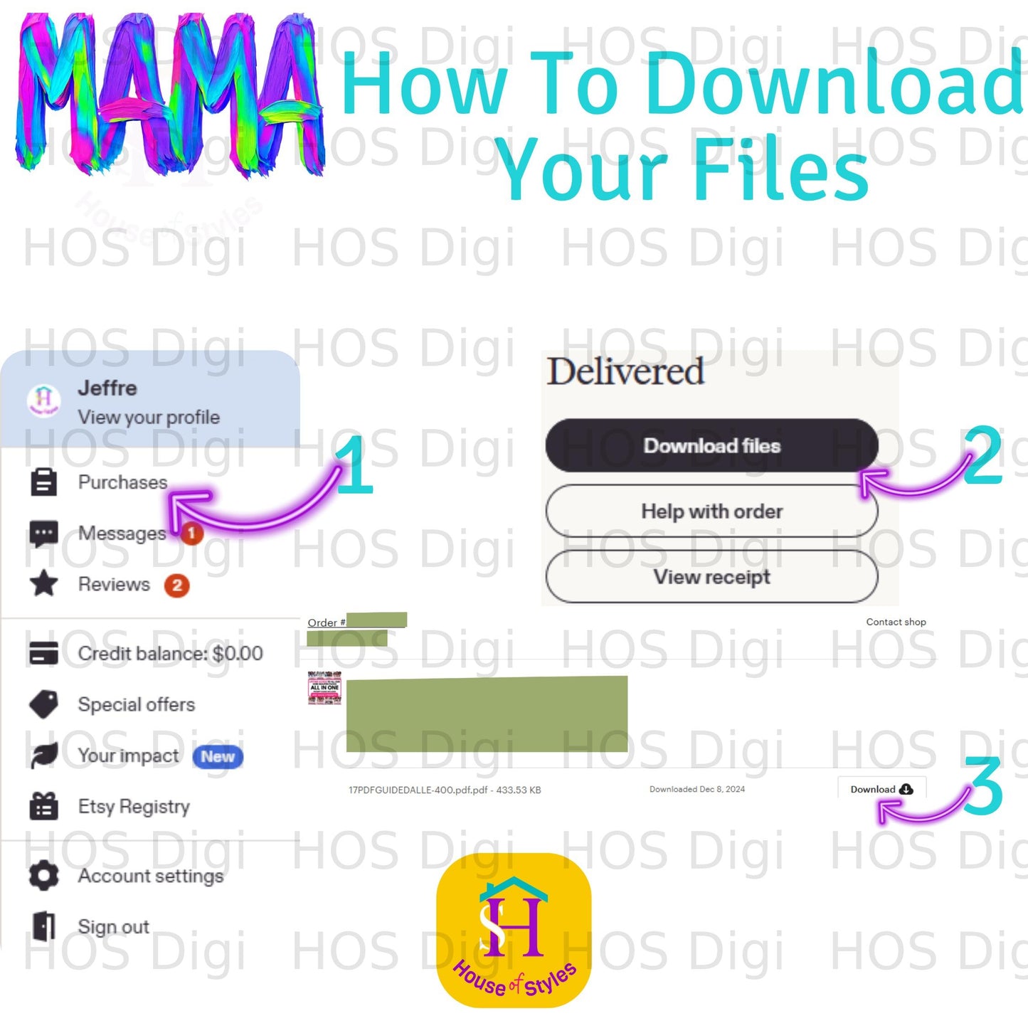 Etsy order confirmation showing file download for "17PDFGUIDEDALLE-400.pdf".