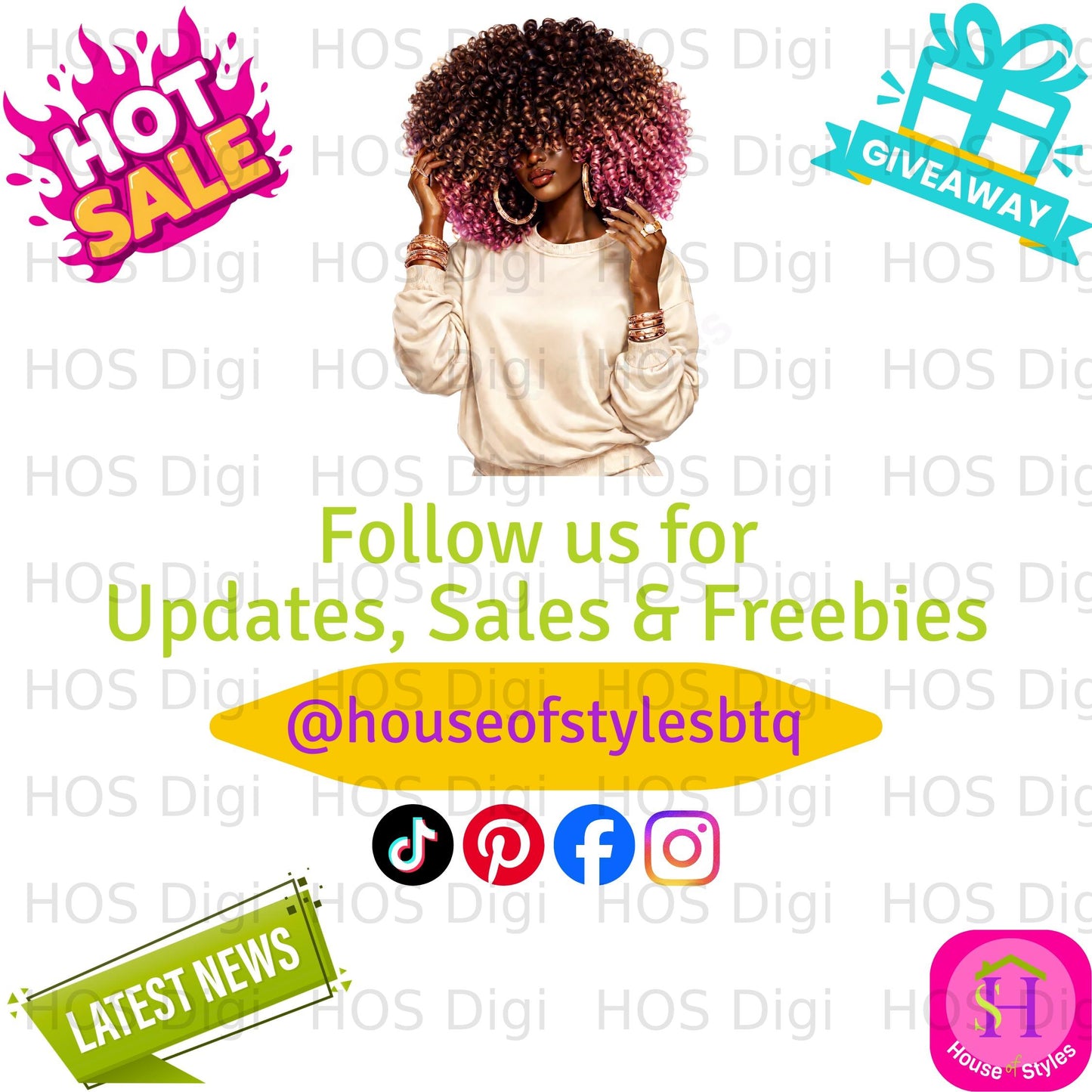 Woman with afro, "Follow us for Updates, Sales & Freebies" and social media icons.