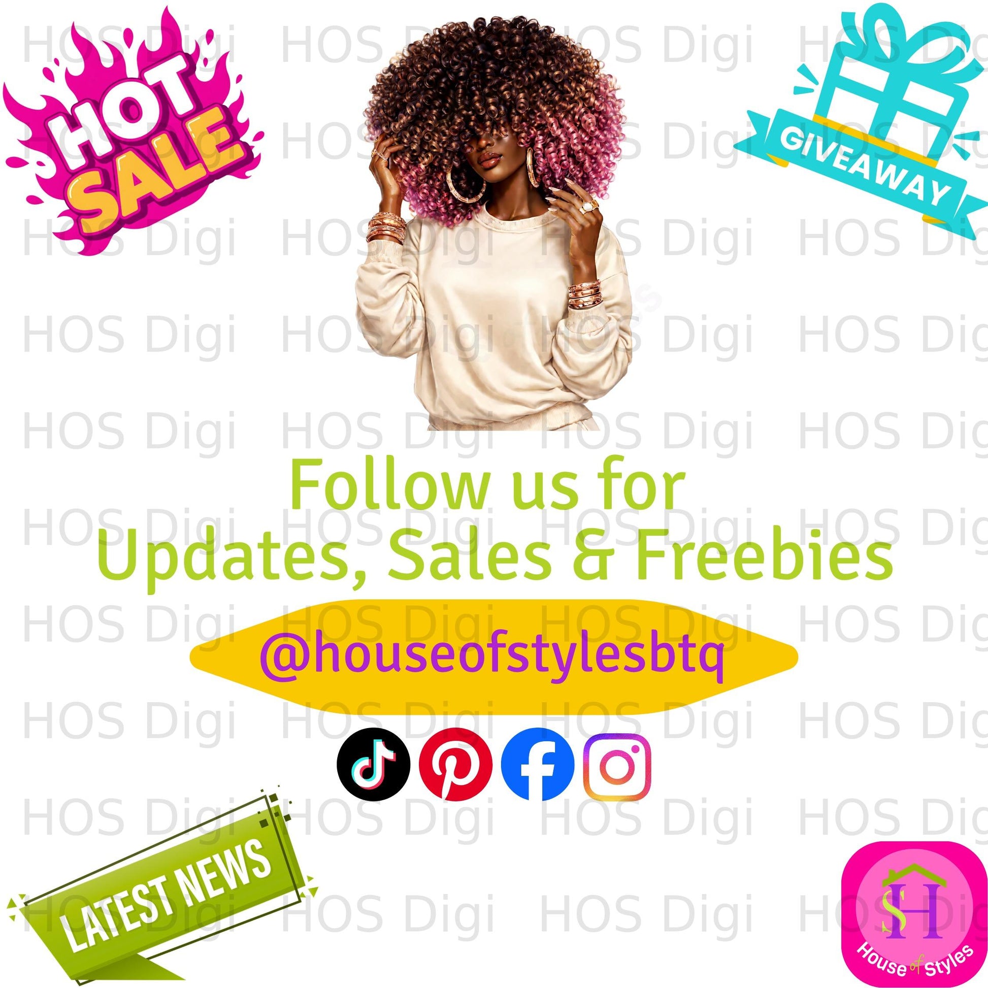 Woman with afro, "Follow us for Updates, Sales & Freebies" and social media icons.