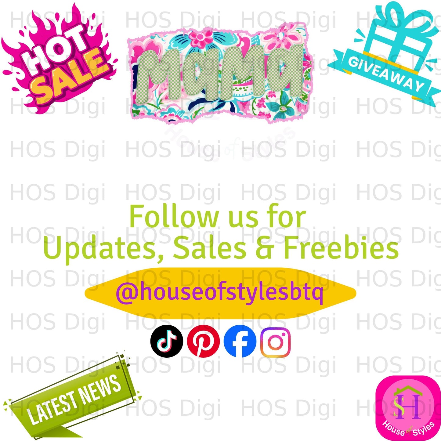 Mama with social media icons and "Follow us" text.
