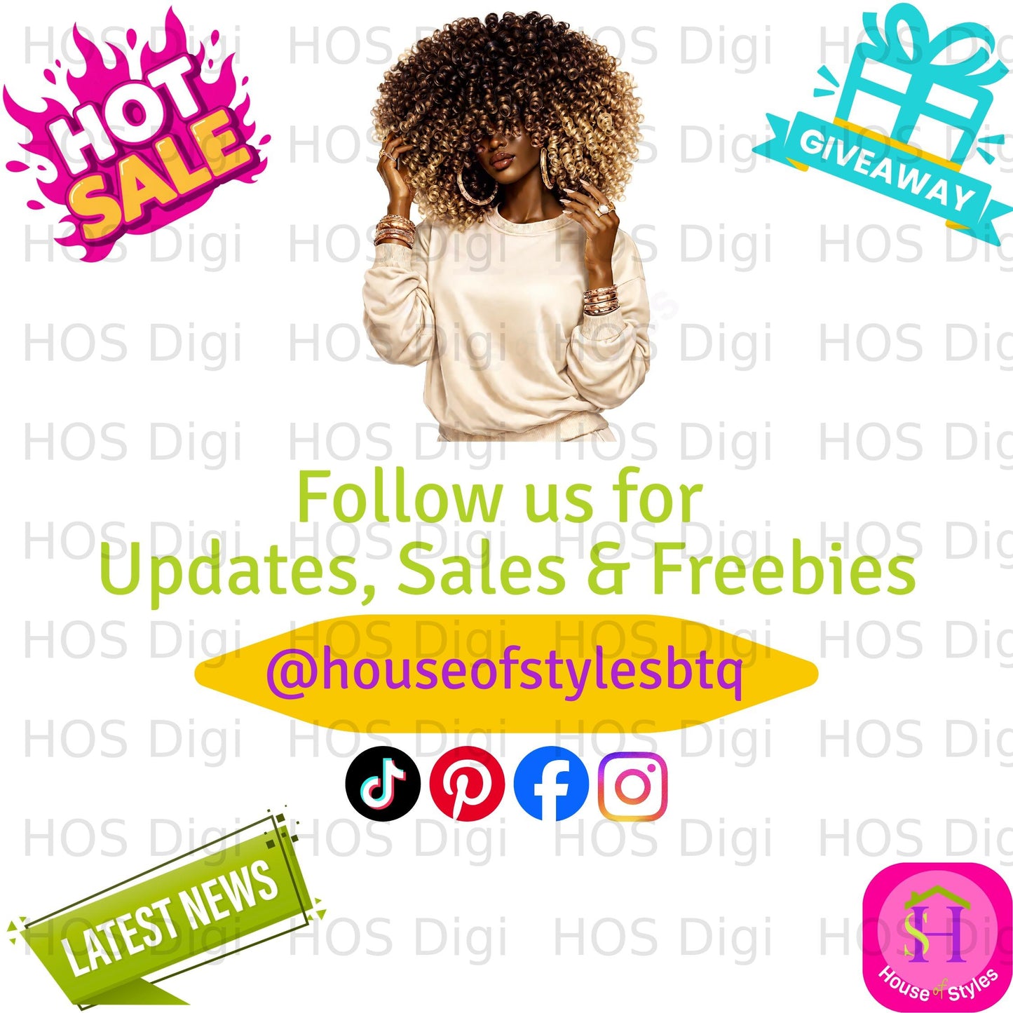 Woman with voluminous curly hair, "Follow us" text, and social media icons.