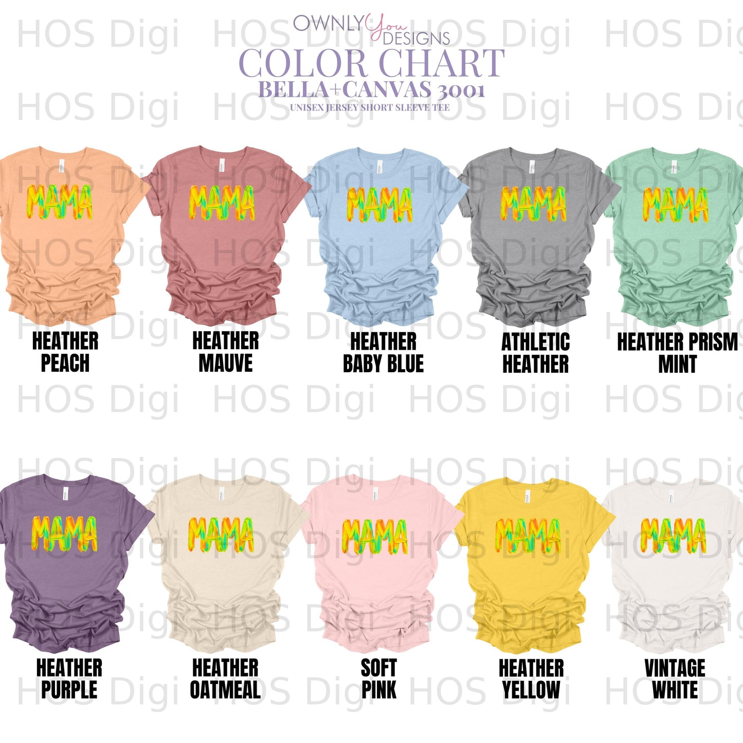 Color chart of Bella+Canvas 3001 unisex t-shirts in various "MAMA" graphic options.