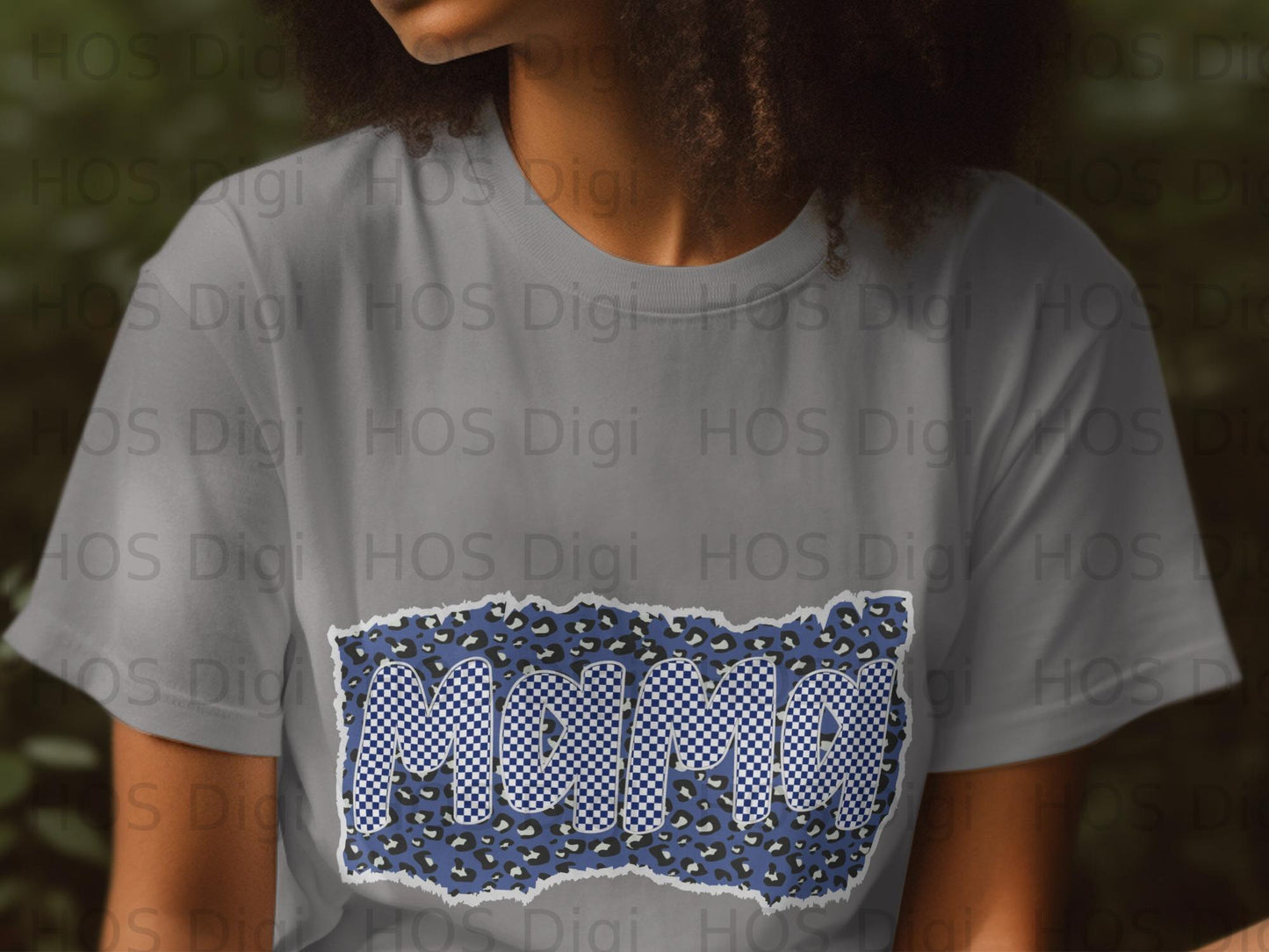 Mama text with checkered blue and white pattern on leopard print background.