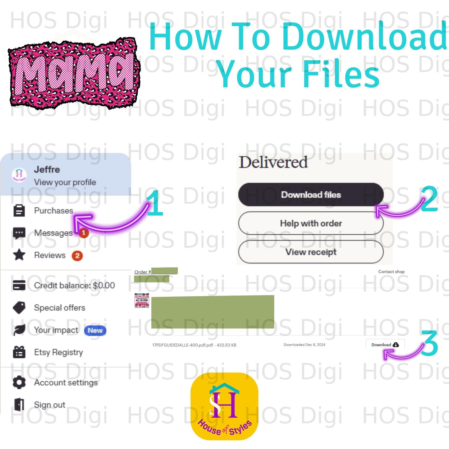 Screenshot of Etsy interface with instructions for downloading digital files.