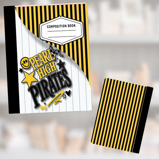 Composition book with "Pearl High Pirates" text and yellow stripes.