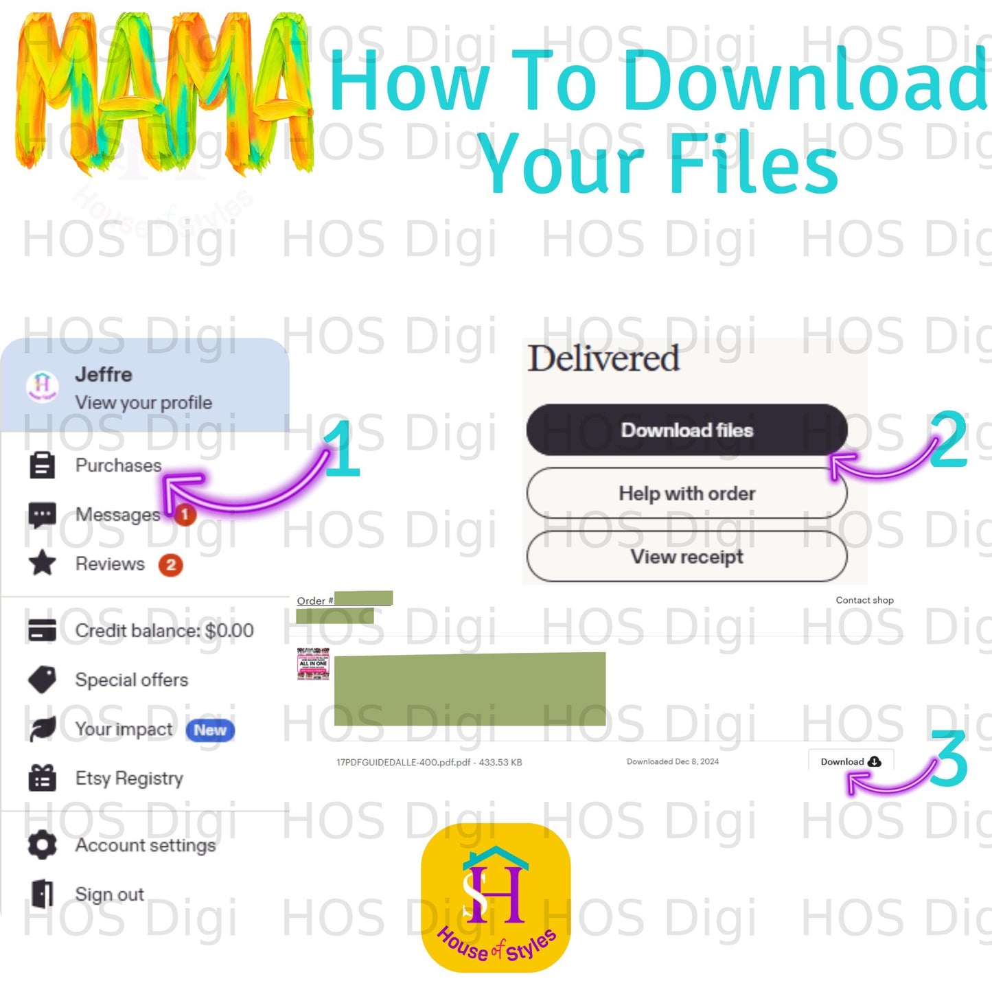 Etsy download page showing "How To Download Your Files" and order details.