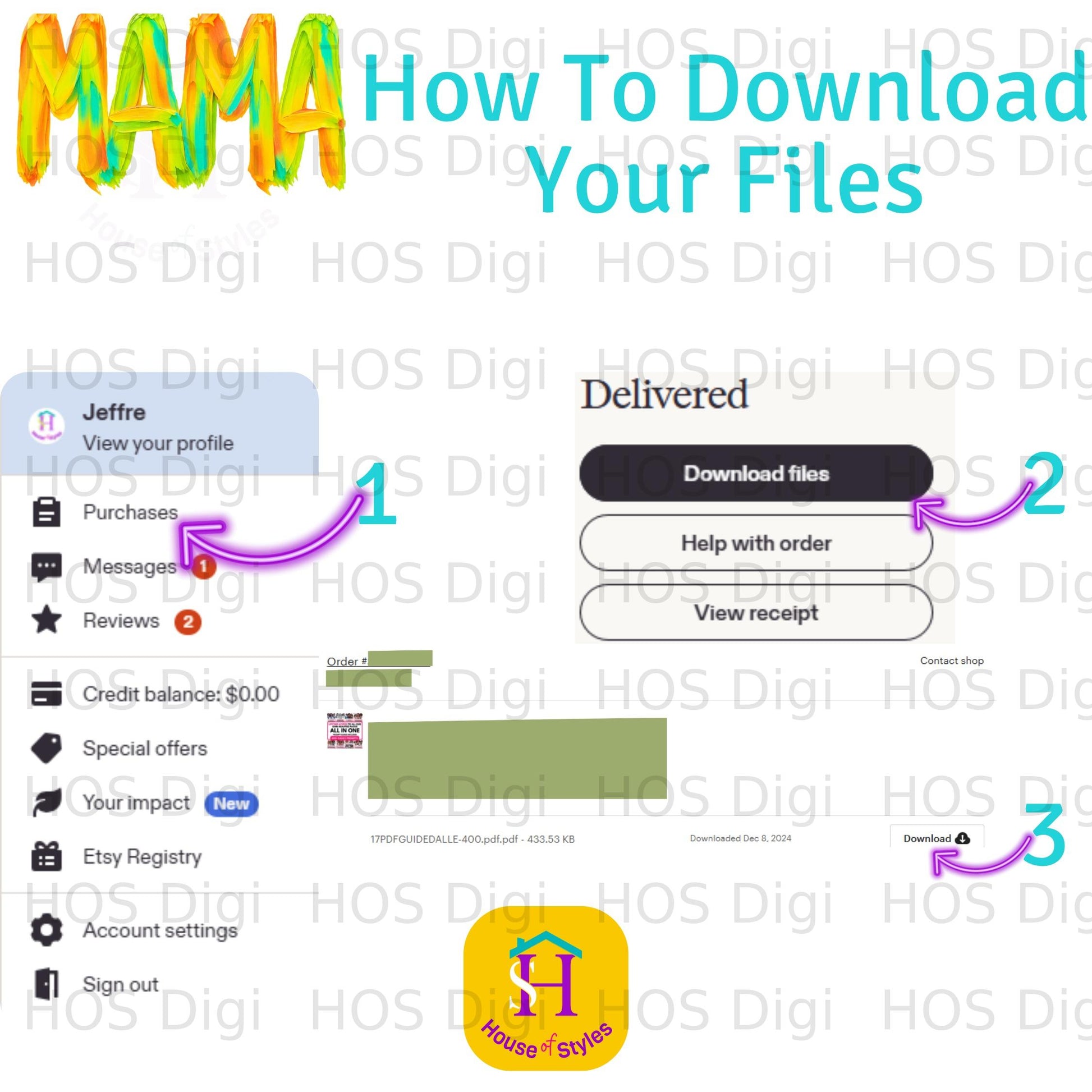 Etsy download page showing "How To Download Your Files" and order details.