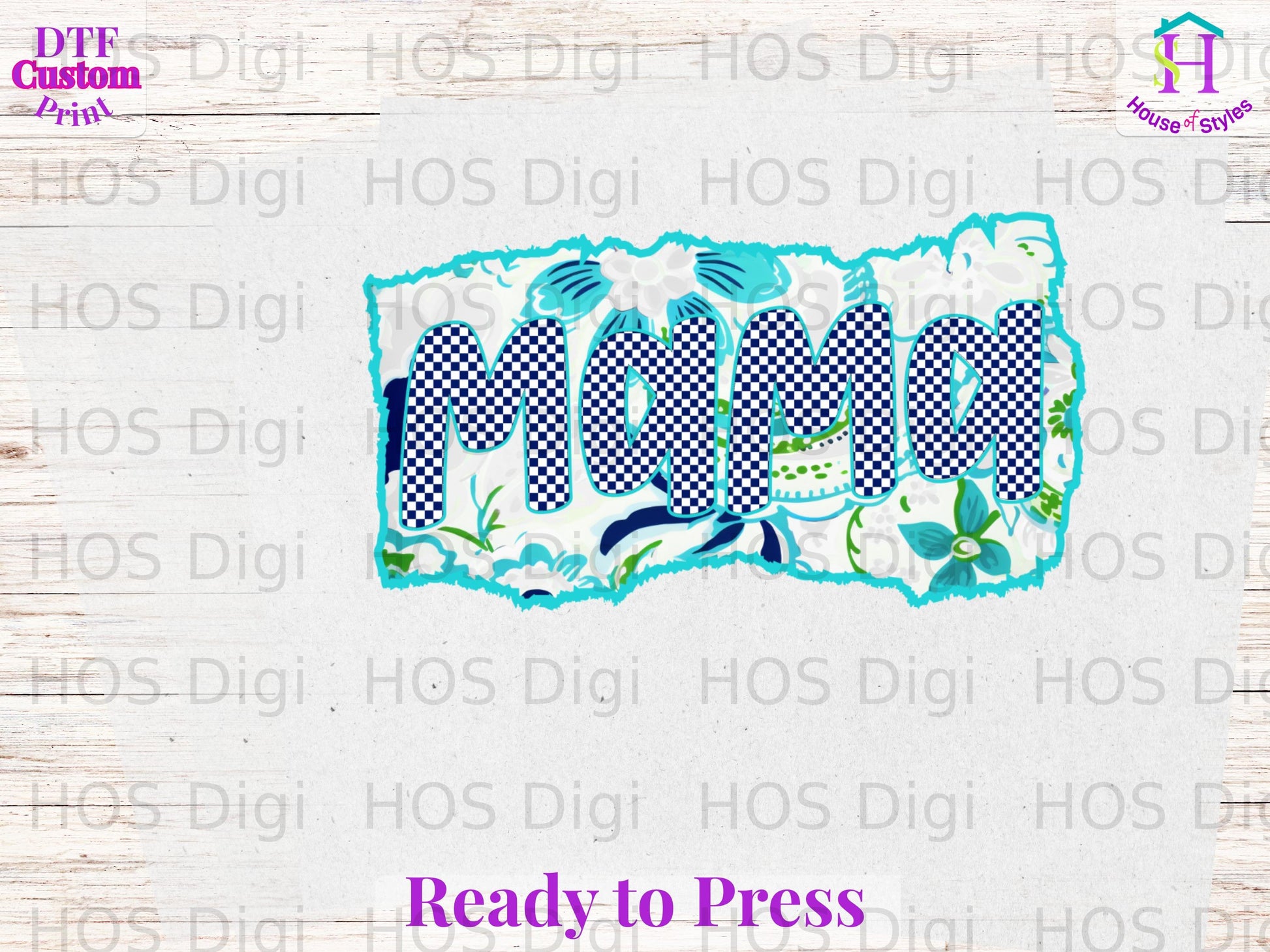 Mama graphic with floral and gingham patterns, Ready to Press.