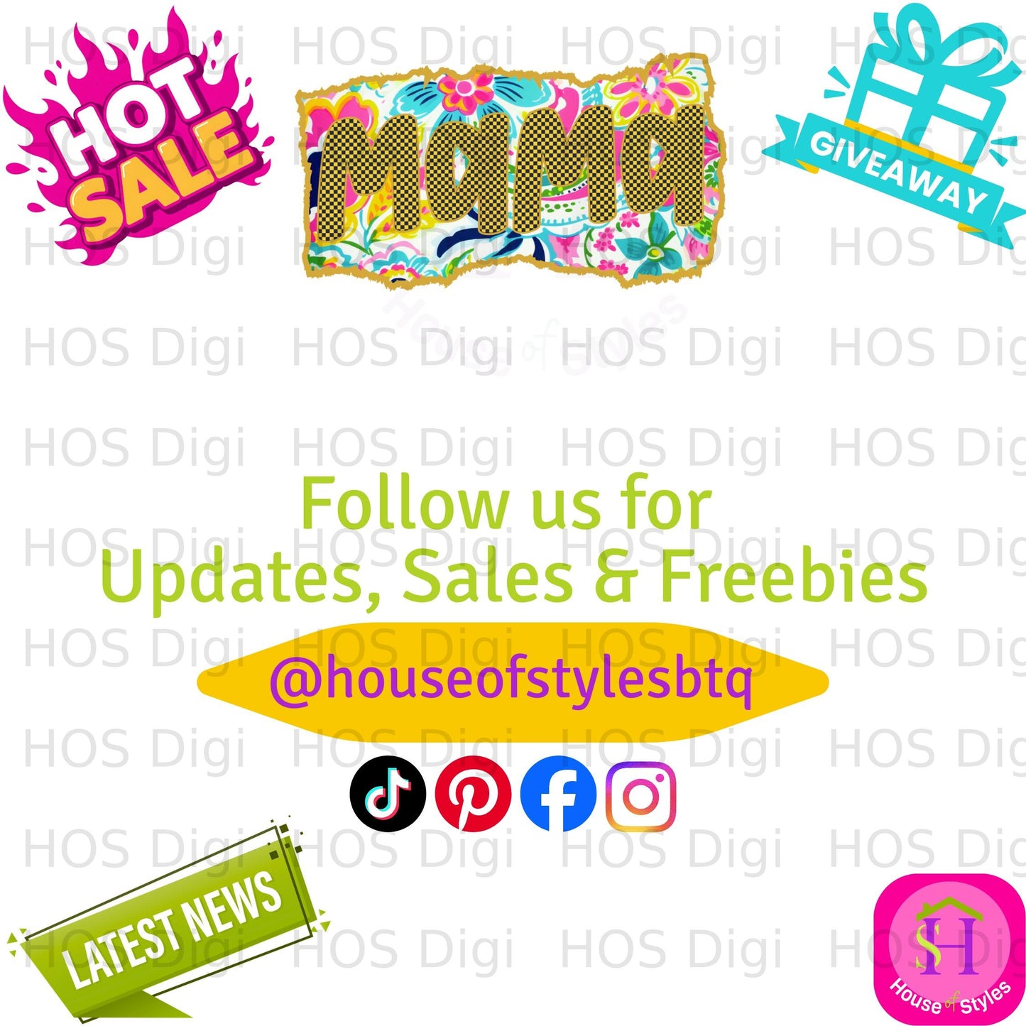 Mama graphic with social media icons and "Follow us" text.