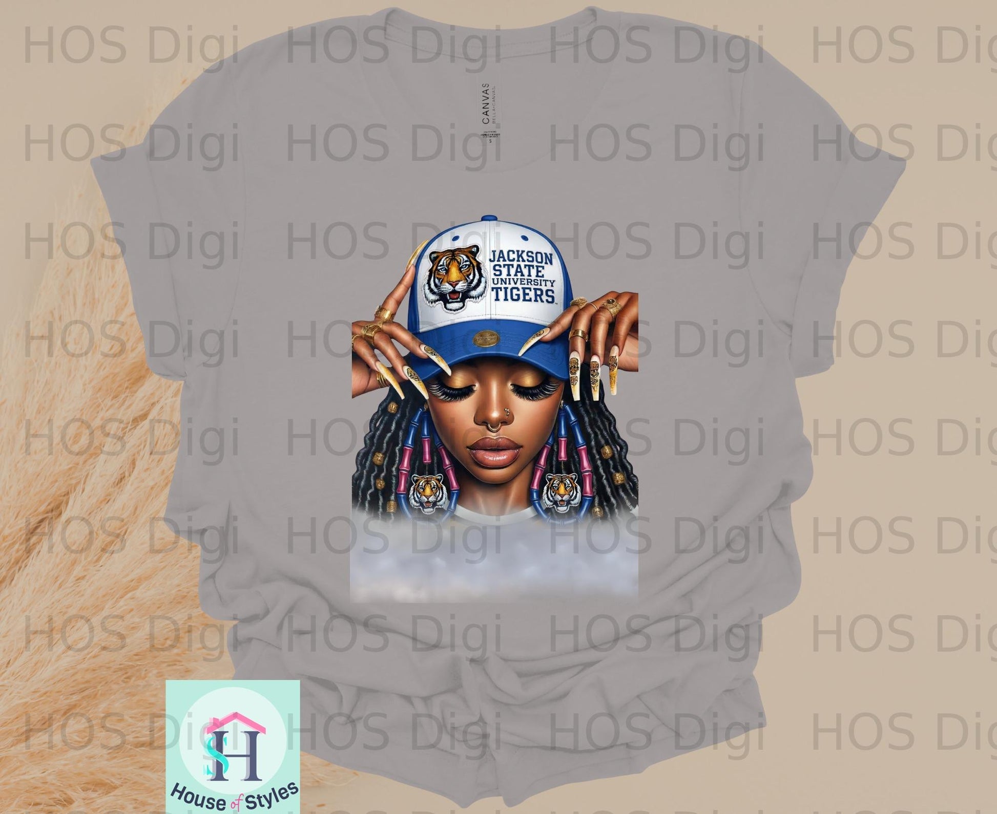 Jackson State University Tigers logo with a stylized illustration of a woman.