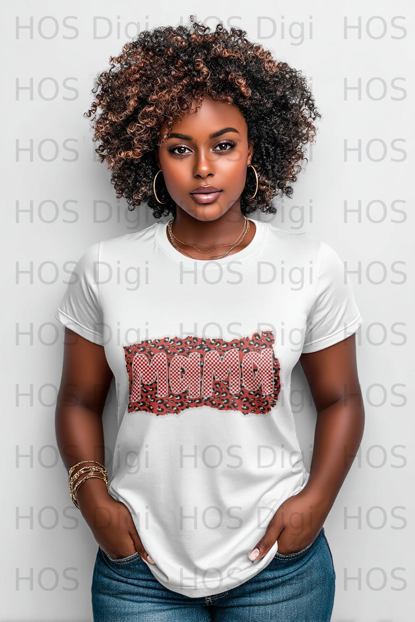 Woman wearing white t-shirt with "MAMA" in red and black leopard print.