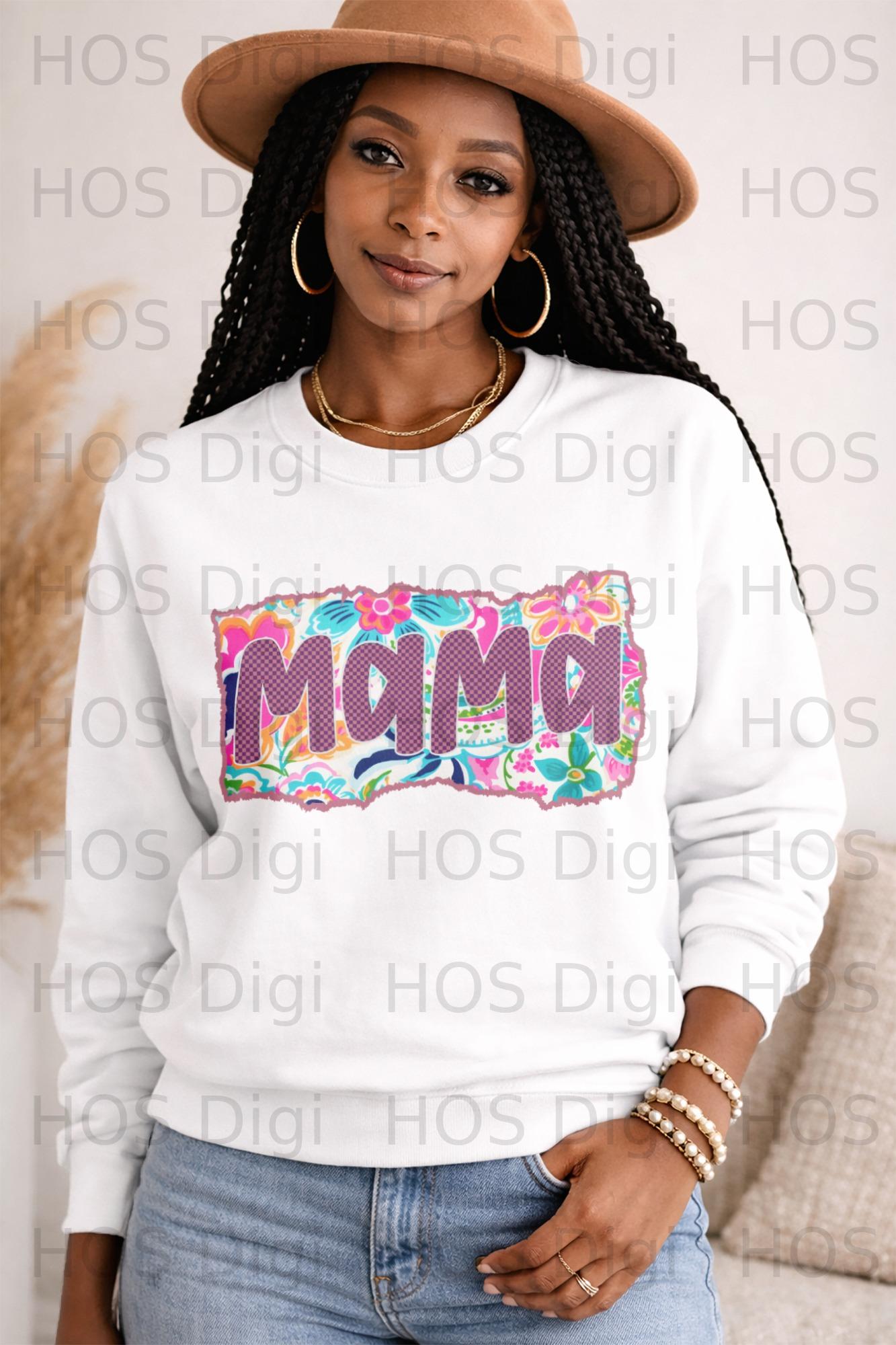 White sweatshirt with "Mama" in floral pattern.