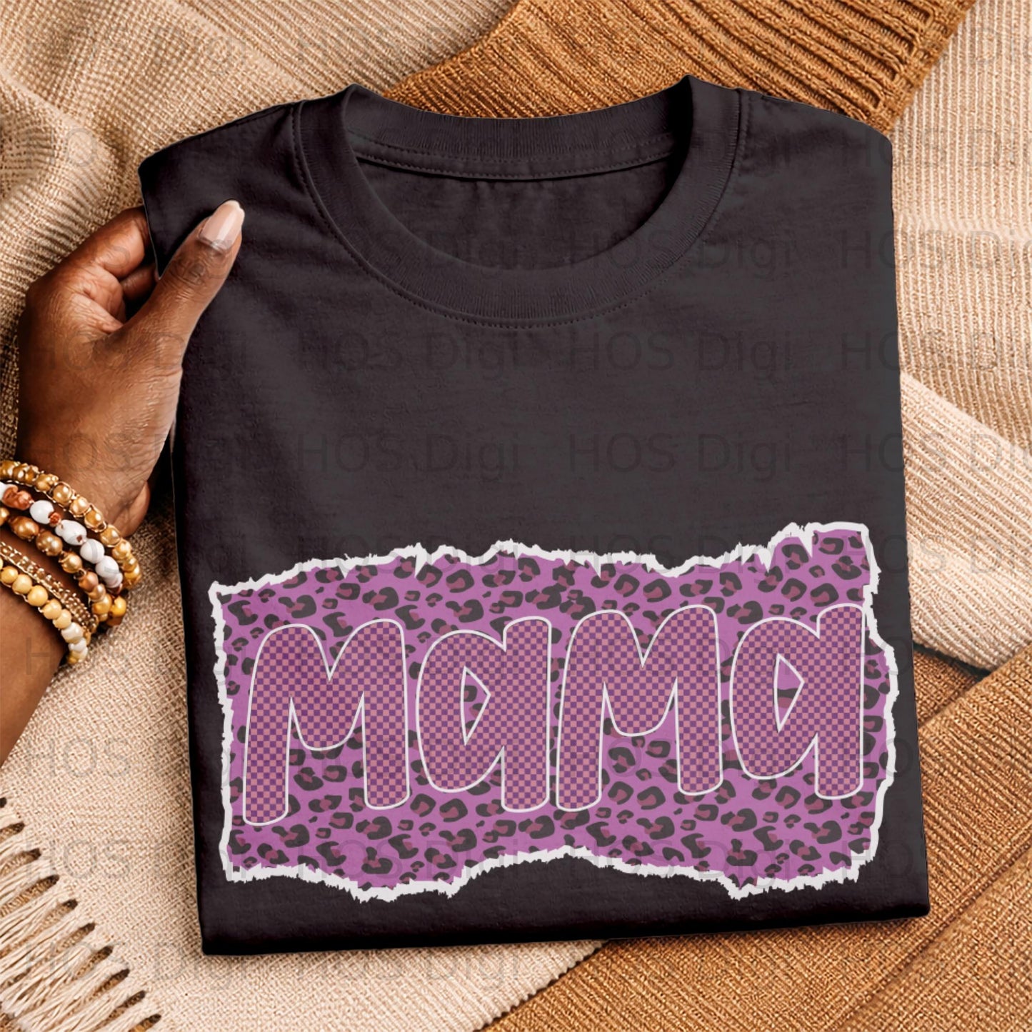 Black t-shirt with "Mama" graphic in purple gingham pattern on ripped paper.
