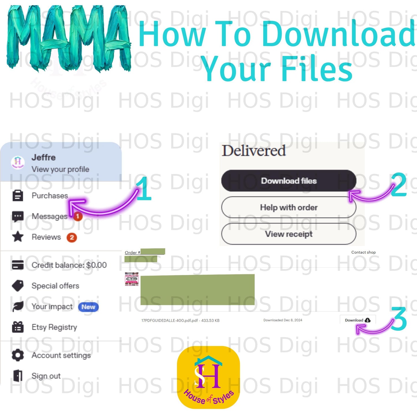 Etsy download page showing file name, download date, and order details.