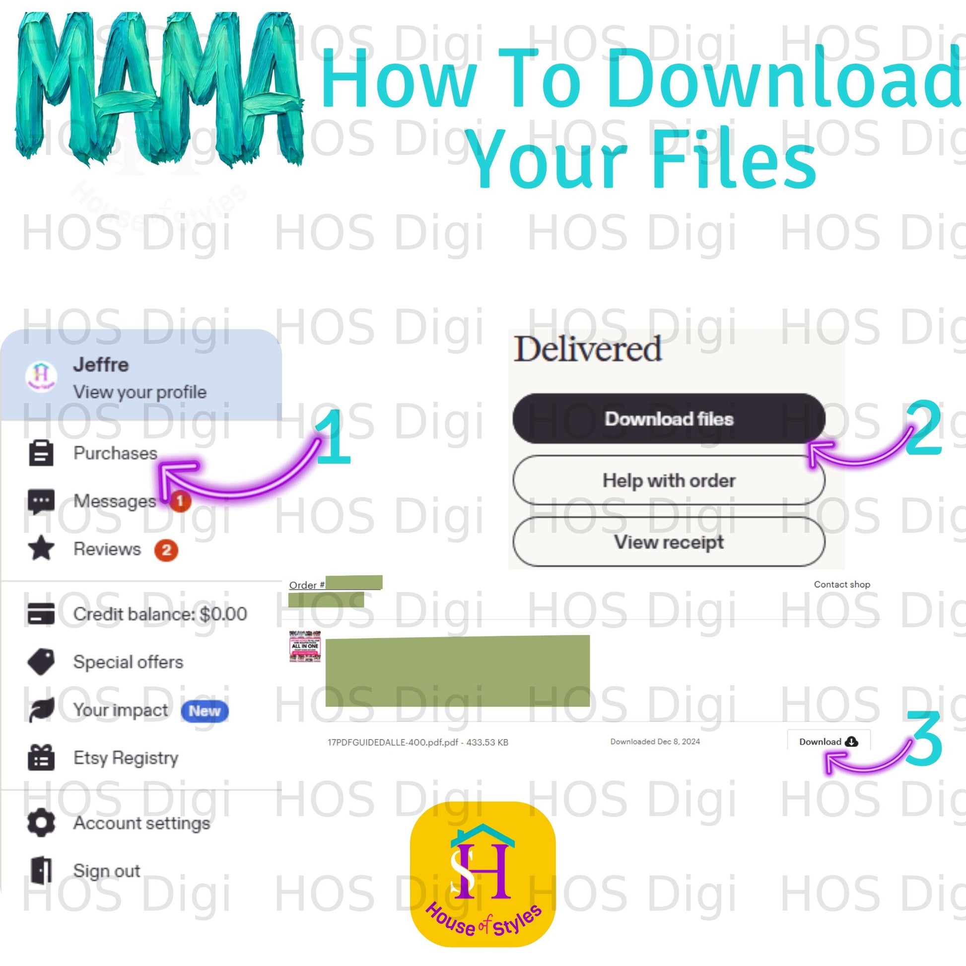Etsy download page showing file name, download date, and order details.