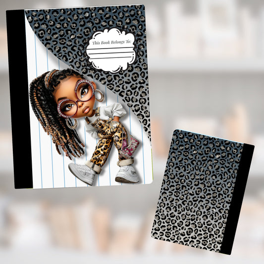 Notebook with black and white stripes and leopard print, featuring a girl.